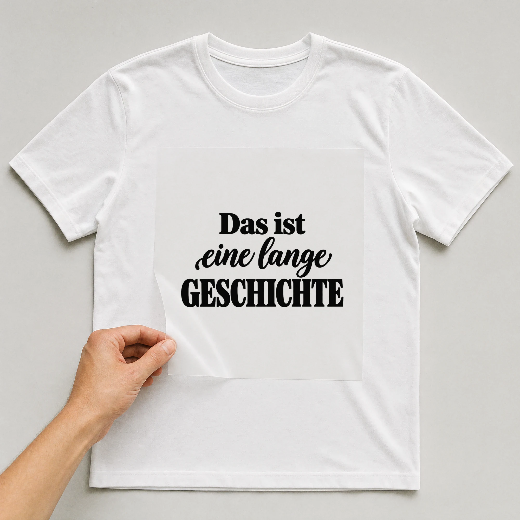 Bügelbild „Das ist eine lange Geschichte“ auf weißem T-Shirt, Folie wird aufgelegt