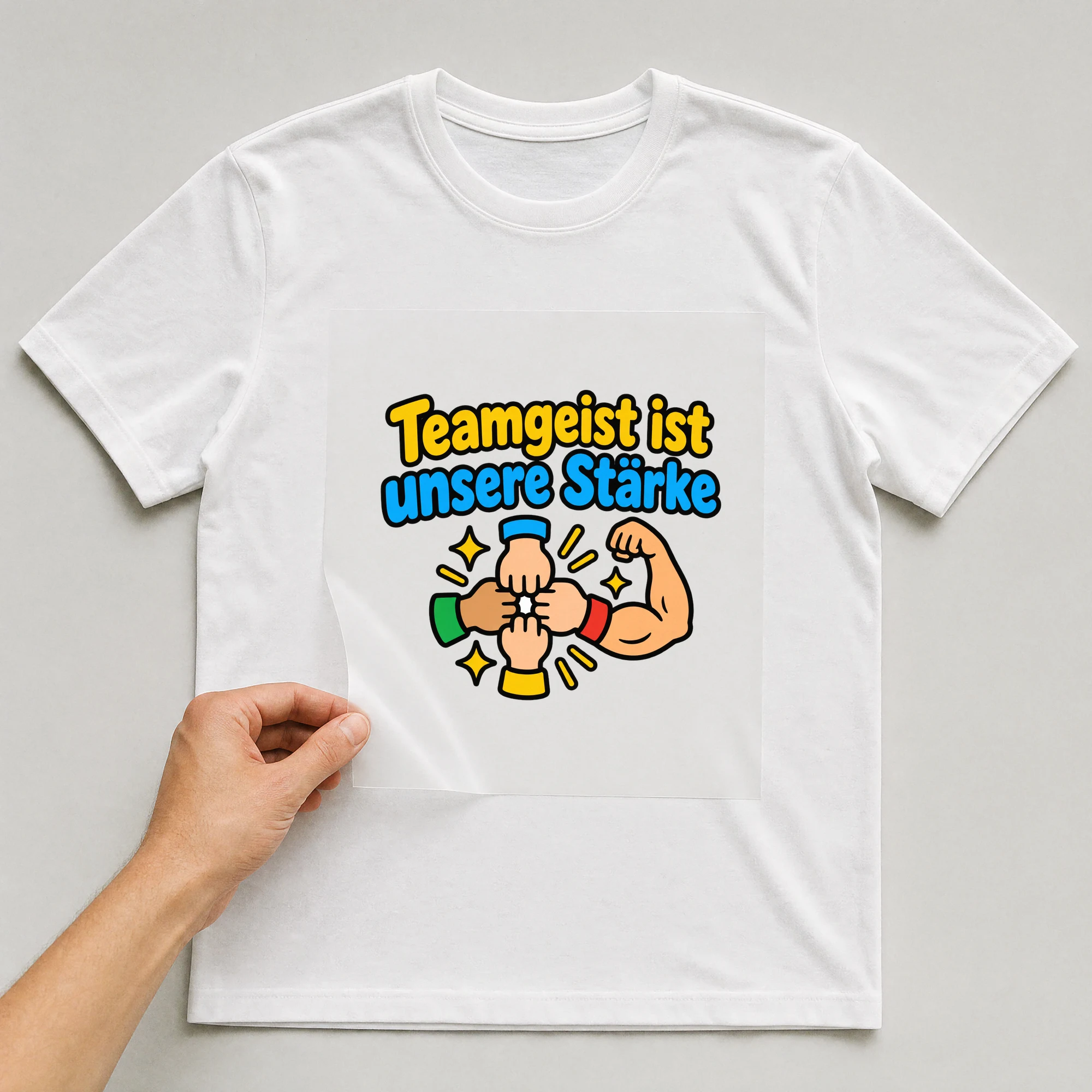 Bügelbild „Teamgeist ist unsere Stärke“ auf weißem T-Shirt, Folie wird aufgelegt
