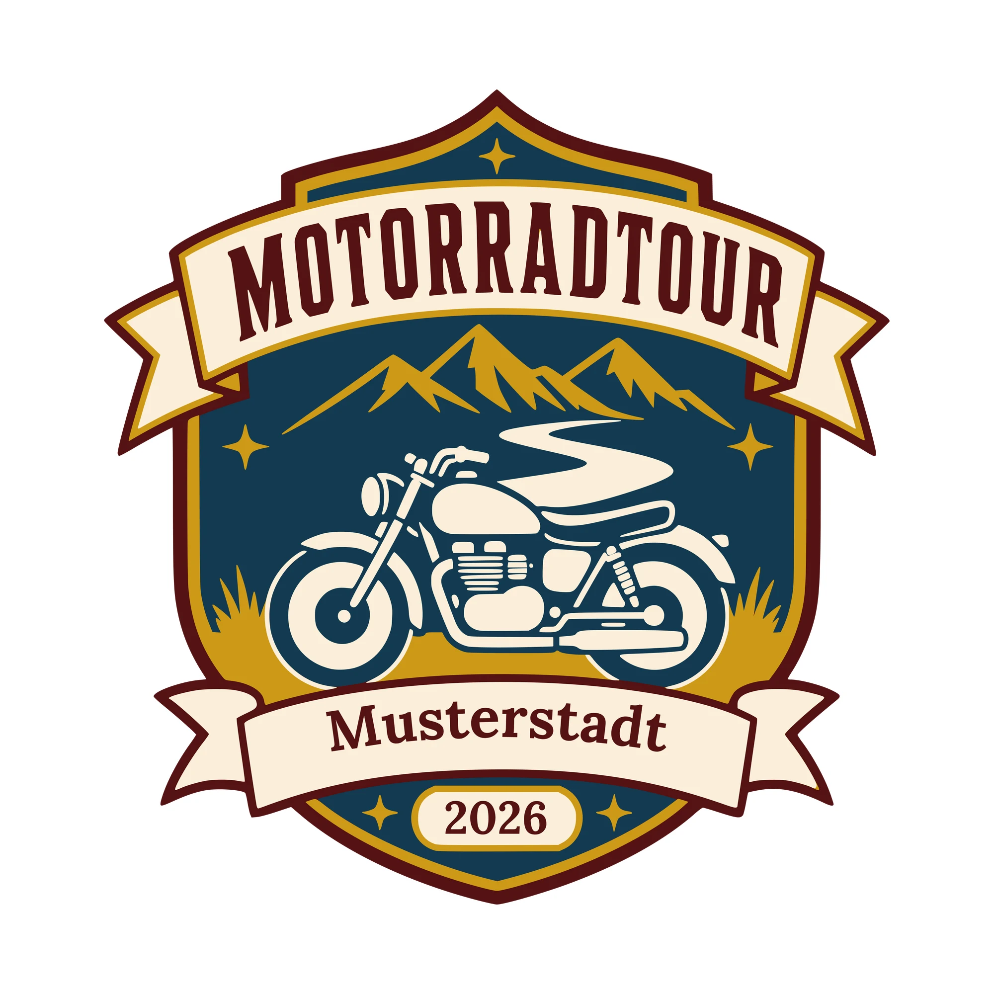 Bügelbild Motorradtour mit Ort und Jahr als Grafik auf weißem Hintergrund (BB010451)