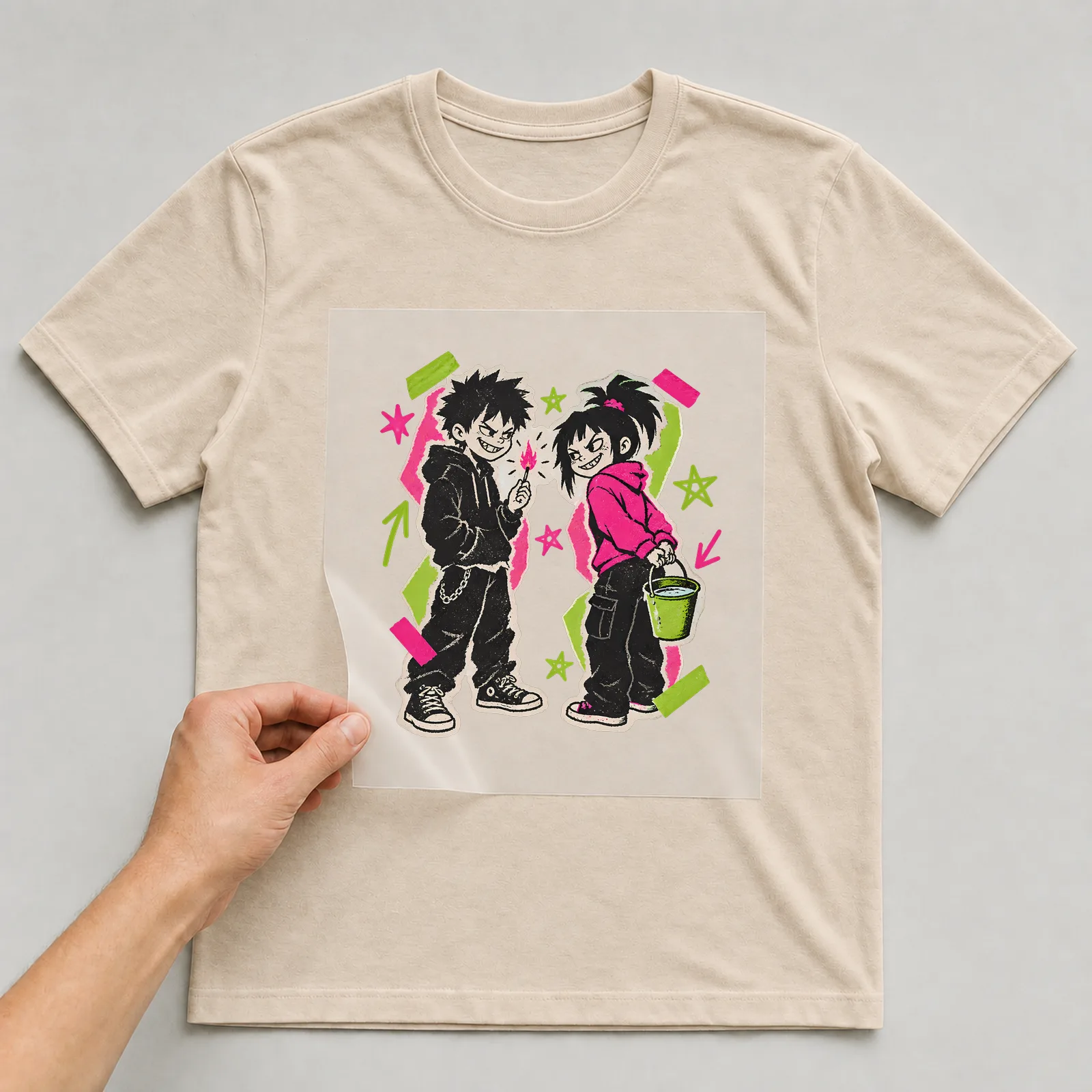 Bügelbild freundschaft streichholz eimer auf beigem T-Shirt, Folie wird aufgelegt