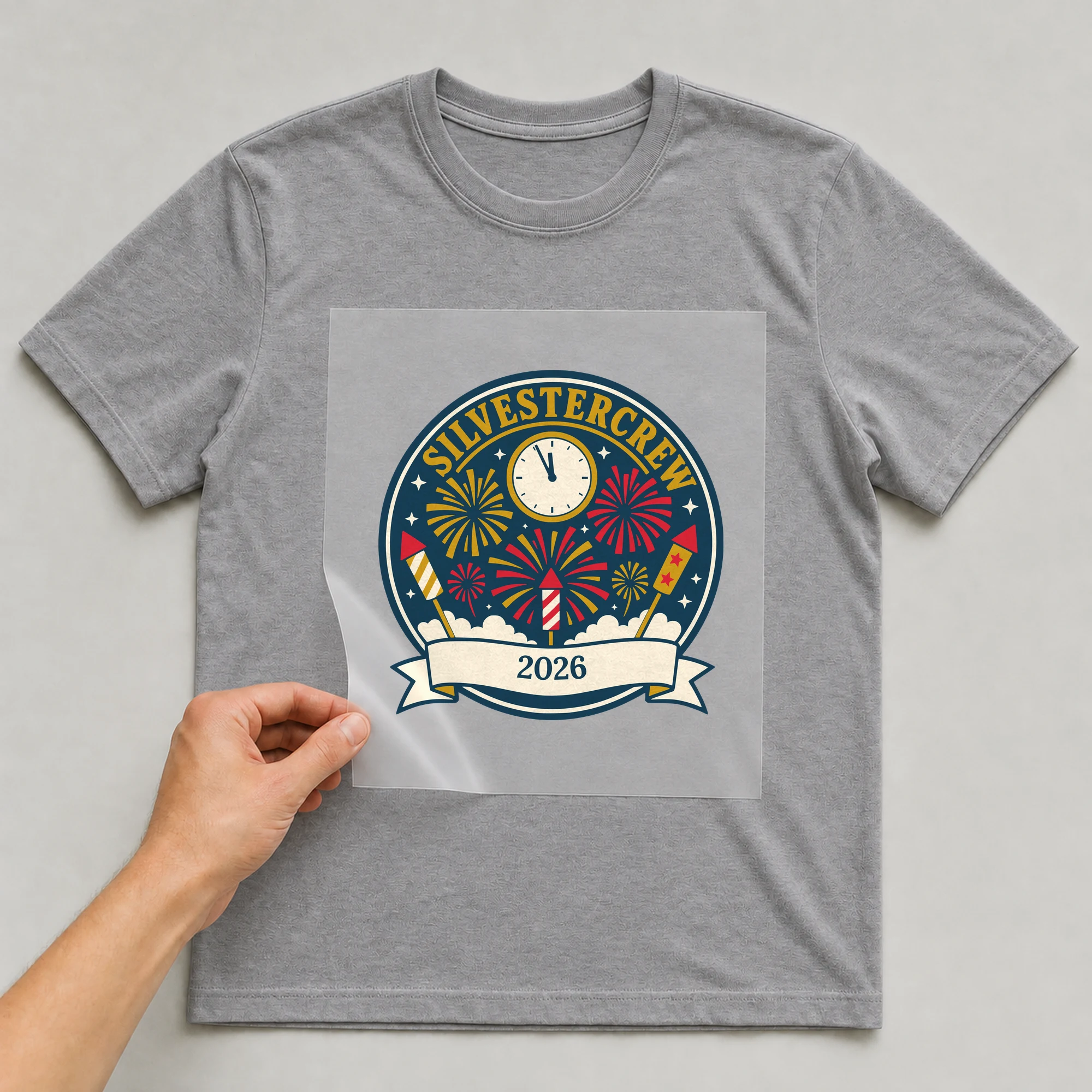 Bügelbild Silvestercrew mit Jahr auf grauem T-Shirt, Folie wird aufgelegt
