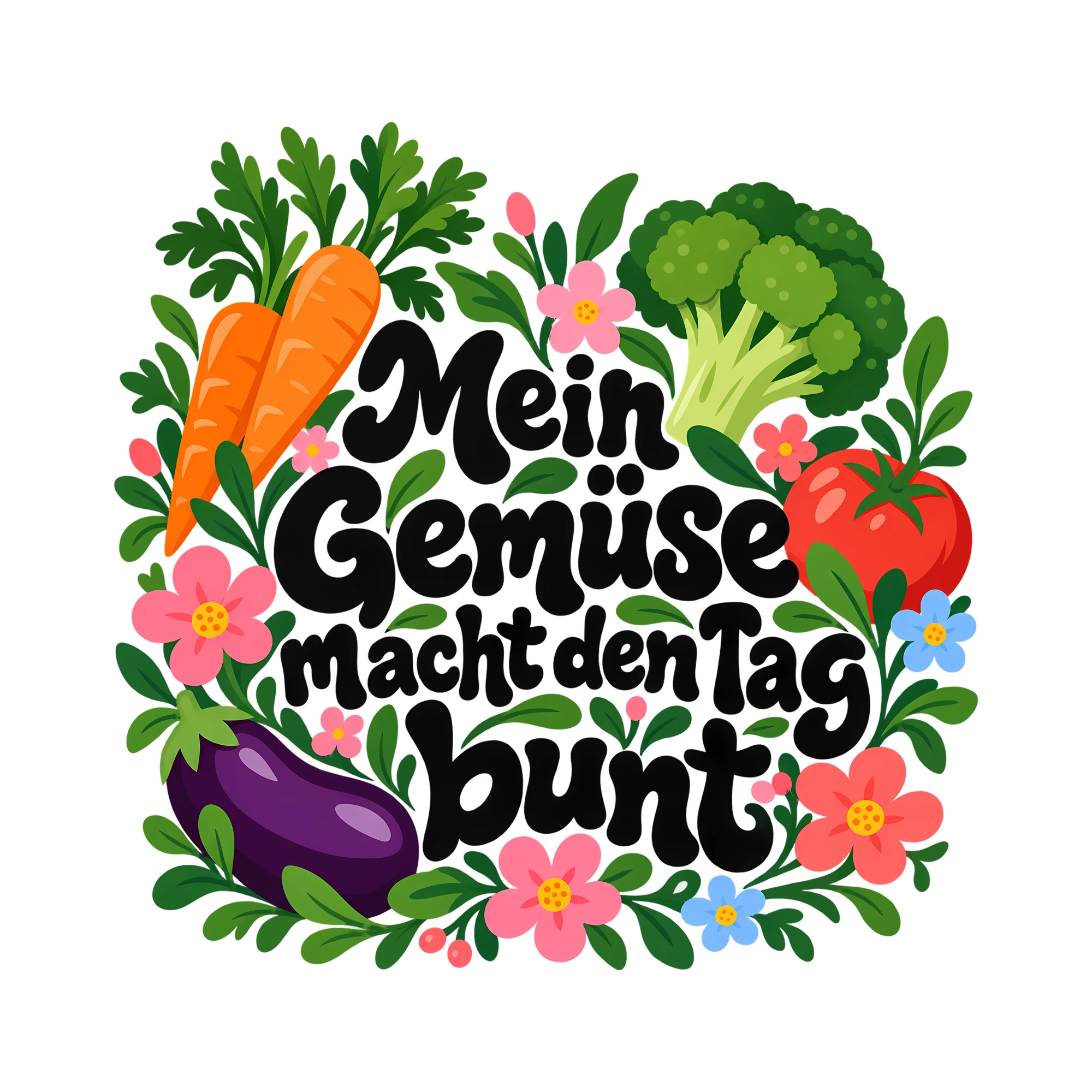 Bügelbild Mein Gemüse macht den Tag bunt als Grafik auf weißem Hintergrund (BB012233)