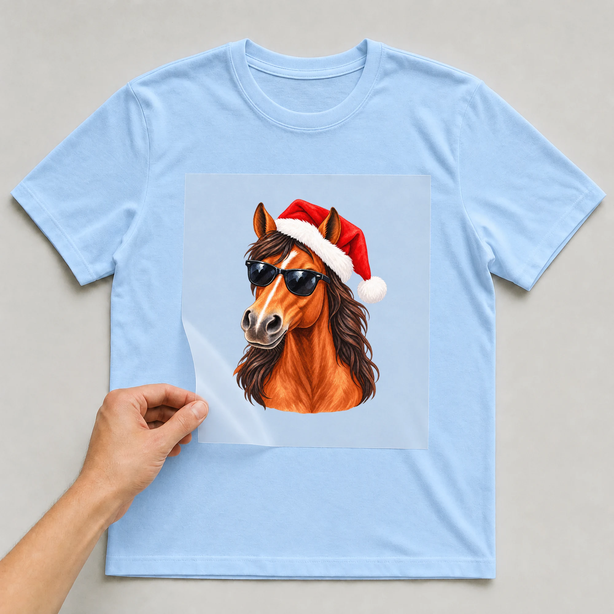 Bügelbild „Cooles Weihnachtsmann-Pferd“ auf babyblauem T-Shirt, Folie wird aufgelegt