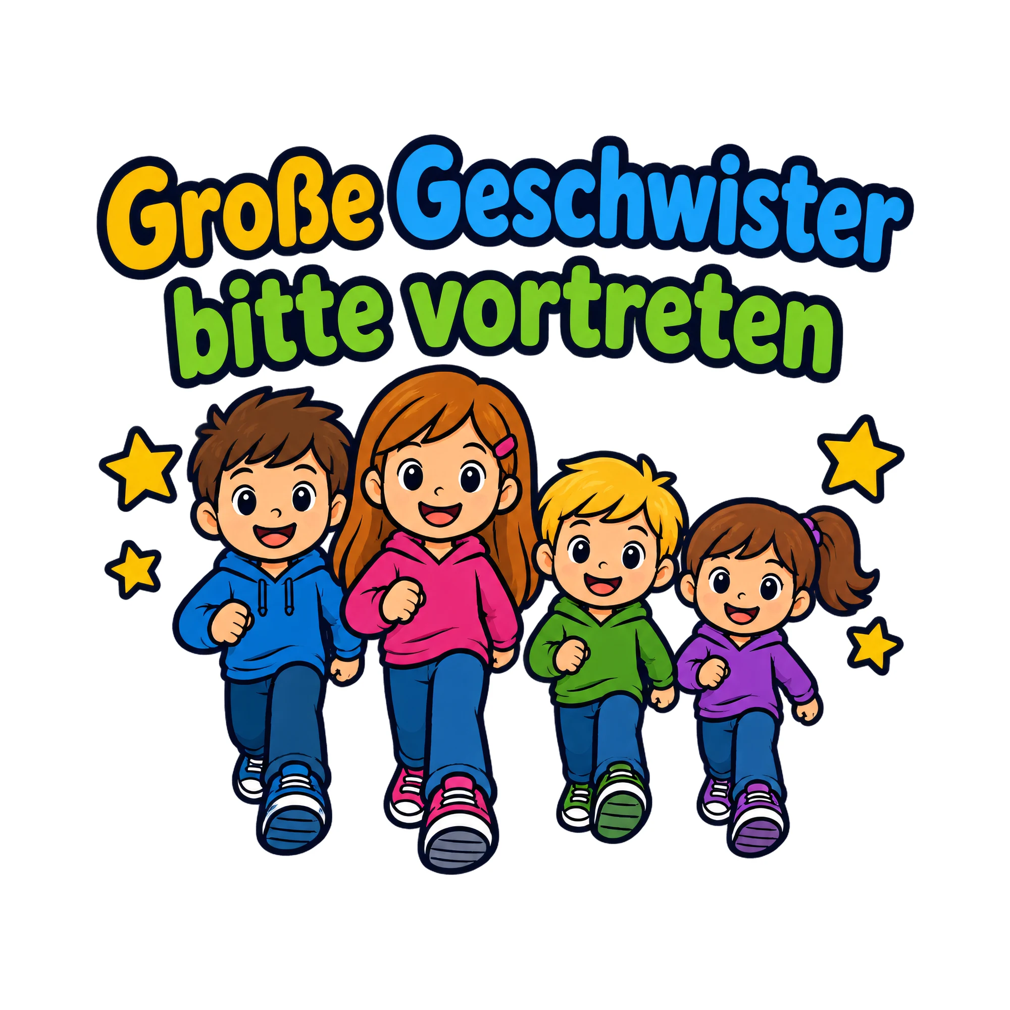 Bügelbild Große Geschwister bitte vortreten als Grafik auf weißem Hintergrund (BB020081)