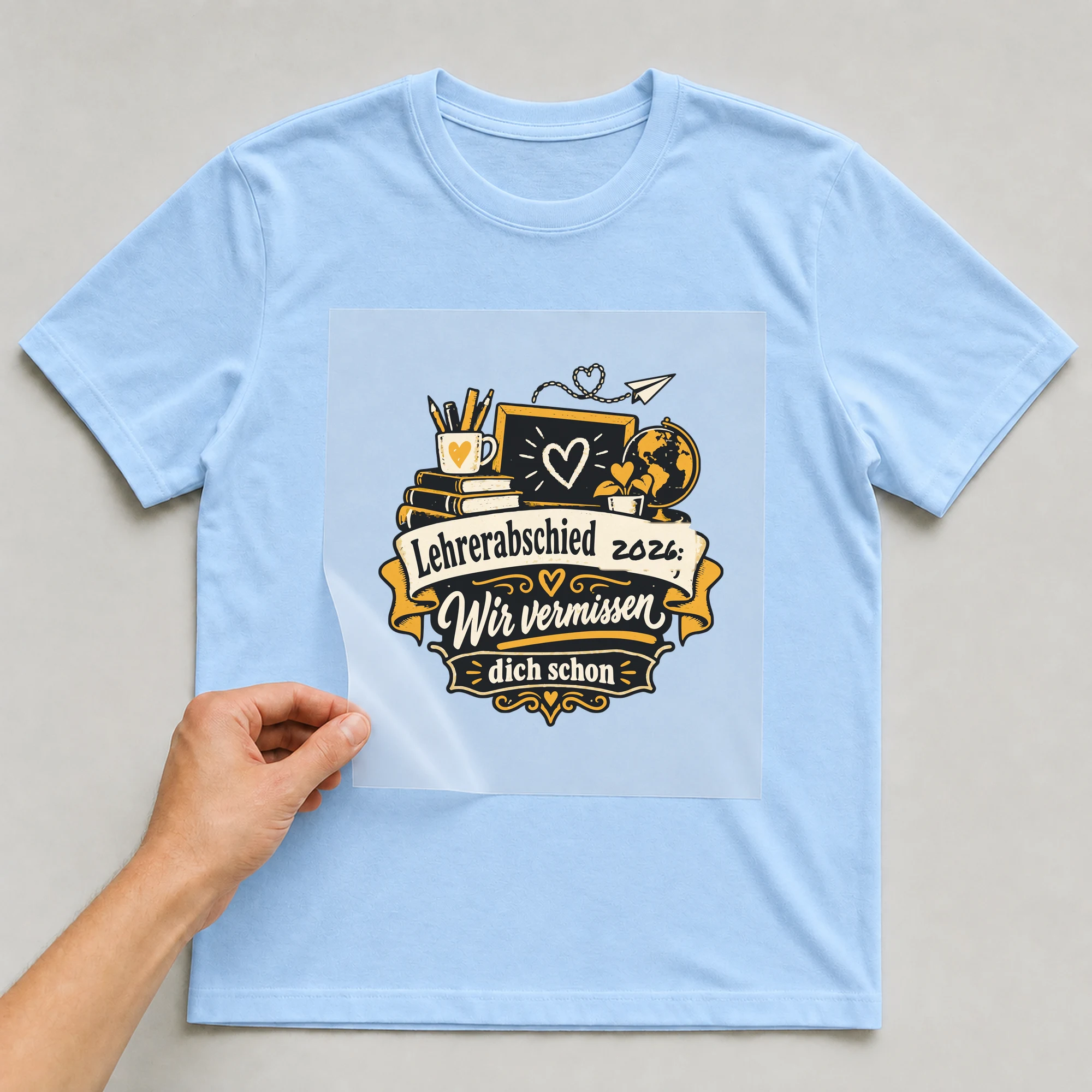 Bügelbild Lehrerabschied: Wir vermissen dich schon mit Jahr auf hellblauem T-Shirt, Folie wird aufgelegt