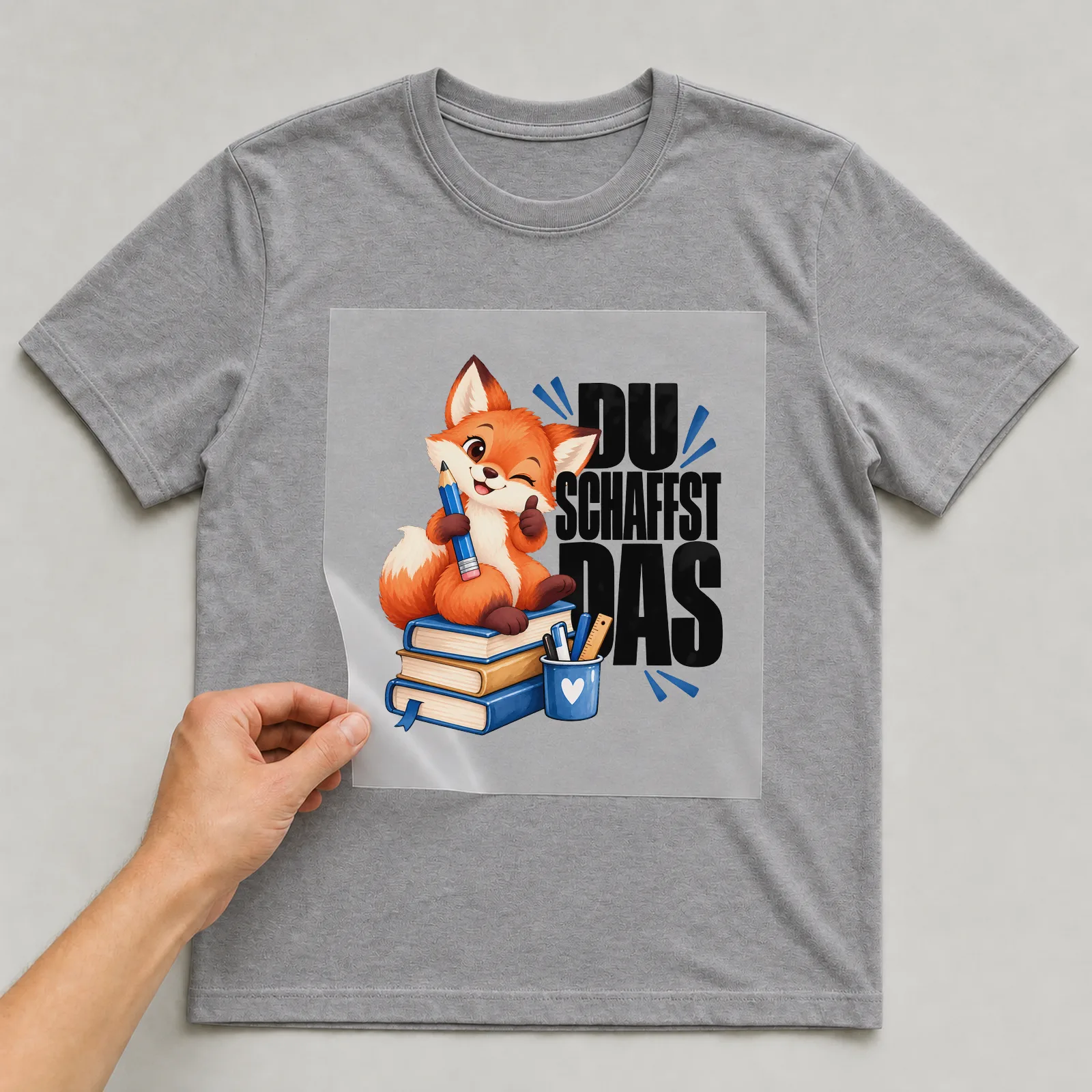 Bügelbild „Du schaffst das“ auf grauem T-Shirt, Folie wird aufgelegt