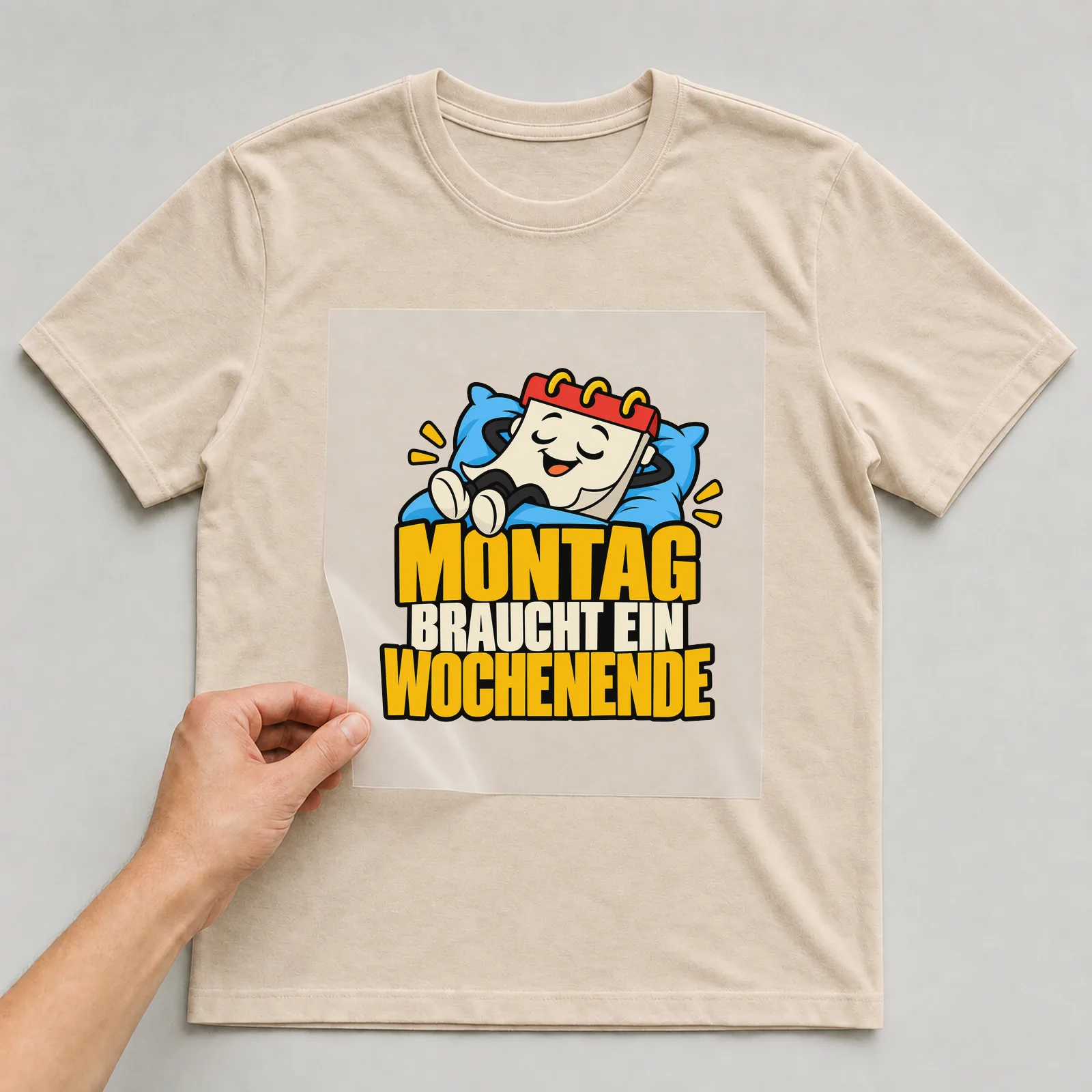 Bügelbild „Montag braucht ein Wochenende“ auf beigem T-Shirt, Folie wird aufgelegt