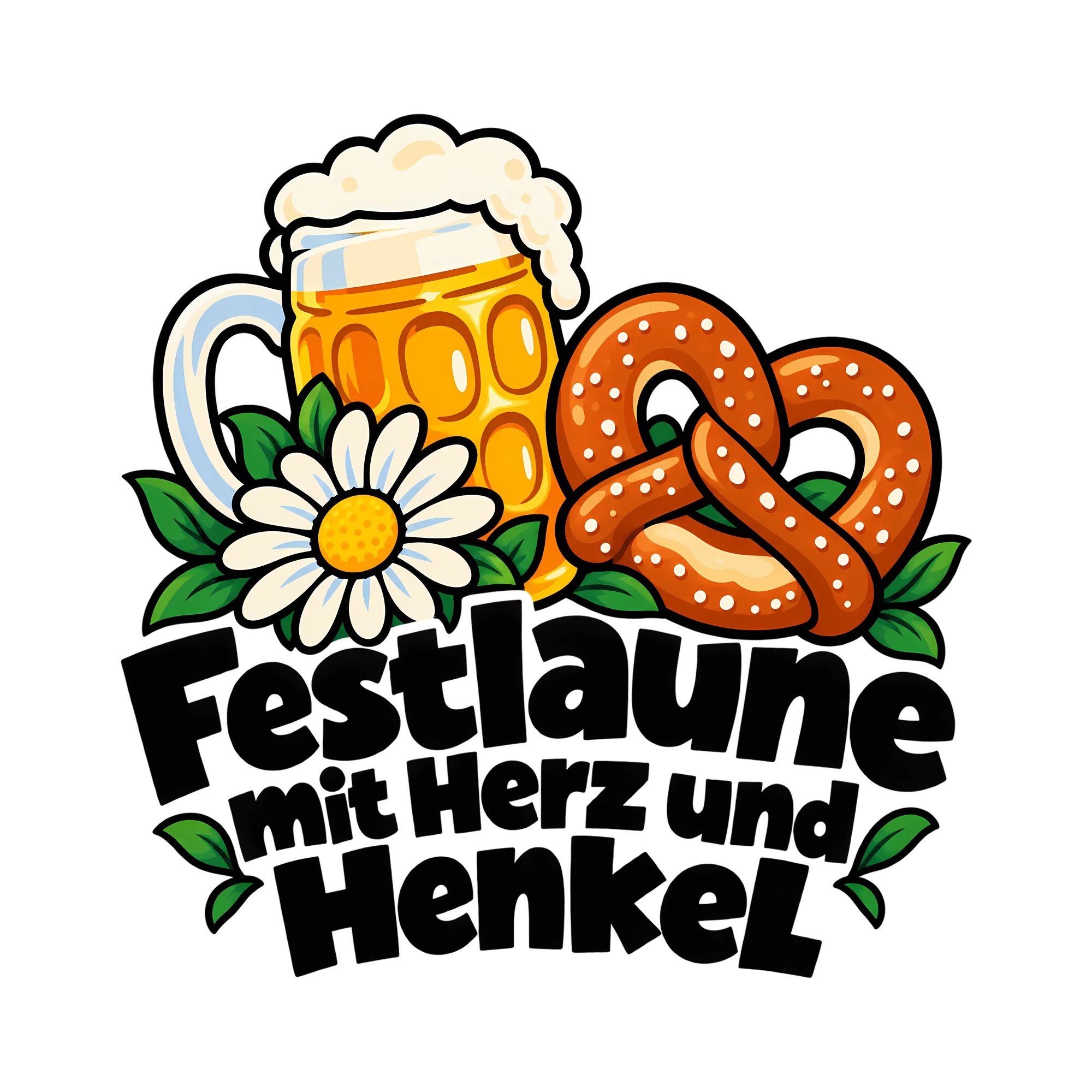 Bügelbild Festlaune mit Herz und Henkel als Grafik auf weißem Hintergrund (BB011923)