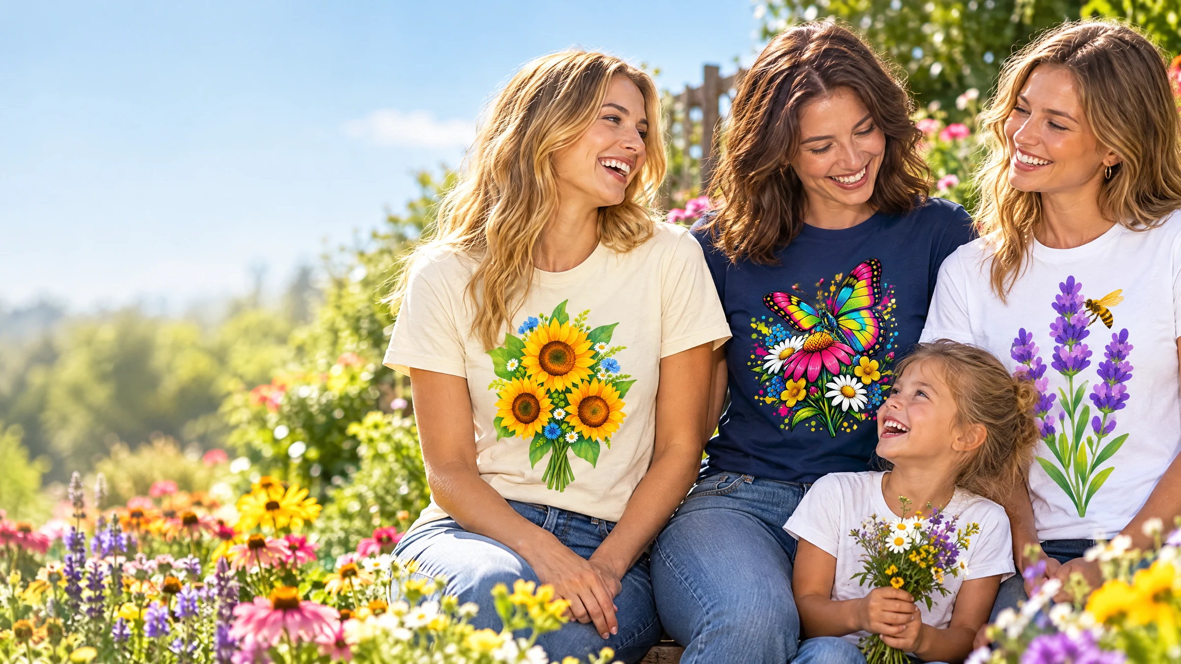 Natur und Blumen: Menschen zwischen Pflanzen und Blumen mit den Bügelbild-Motiven Sonnenblumenstrauß, Schmetterling auf Wildblume und Lavendel mit Biene