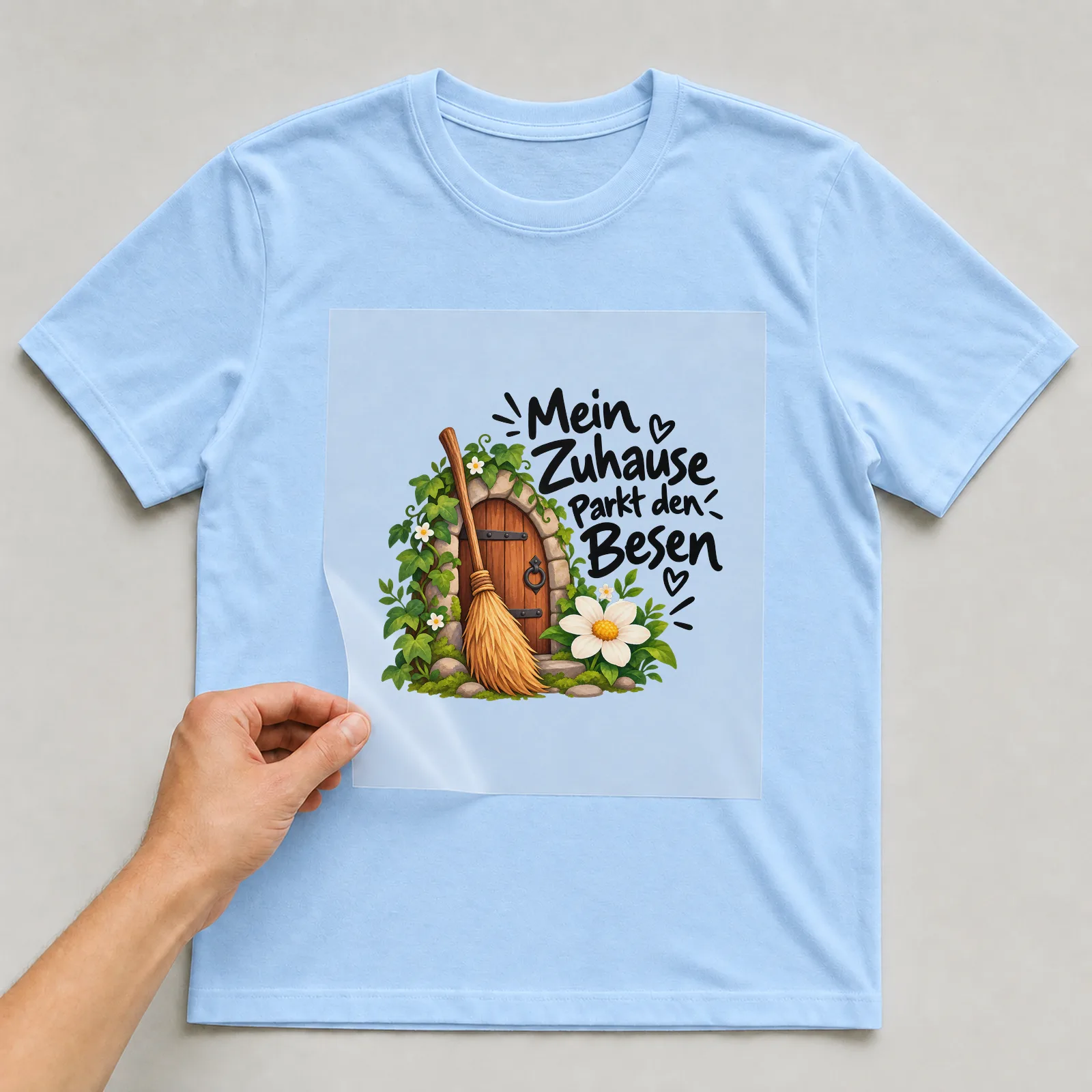 Bügelbild „Mein Zuhause parkt den Besen“ auf hellblauem T-Shirt, Folie wird aufgelegt