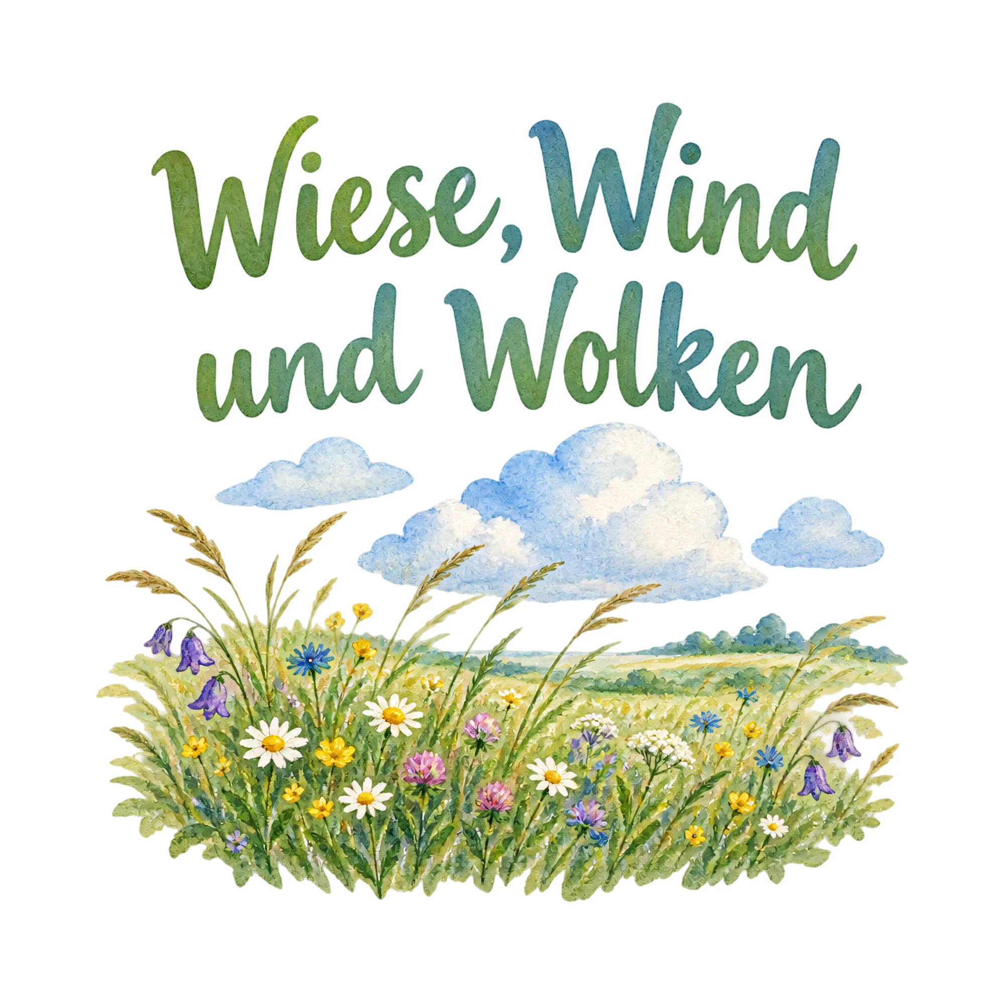 Bügelbild Wiese, Wind und Wolken als Grafik auf weißem Hintergrund (BB019713)