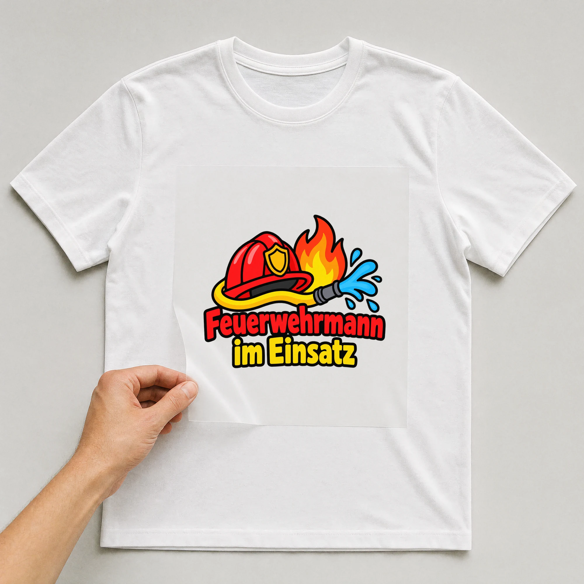 Bügelbild „Feuerwehrmann im Einsatz“ auf weißem T-Shirt, Folie wird aufgelegt
