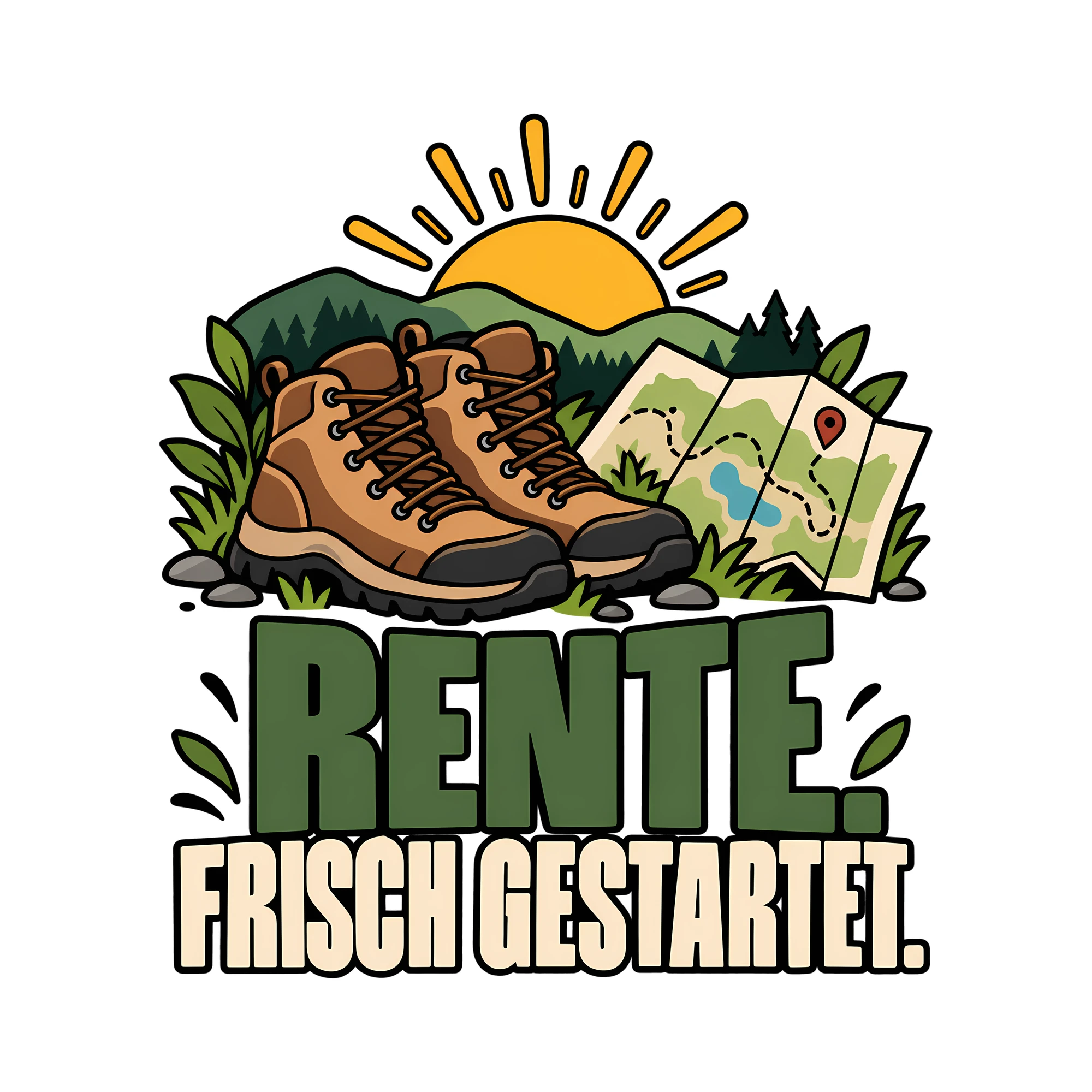 Bügelbild RENTE. FRISCH GESTARTET. als Grafik auf weißem Hintergrund (BB011638)