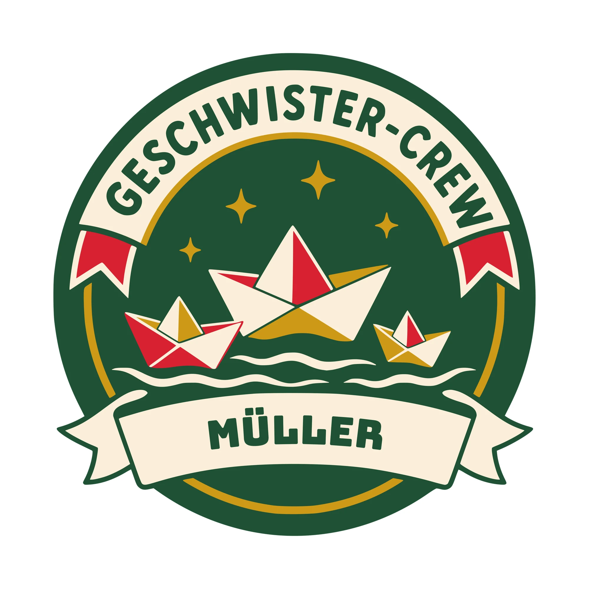Bügelbild Geschwister-Crew mit Nachname als Grafik auf weißem Hintergrund (BB010559)