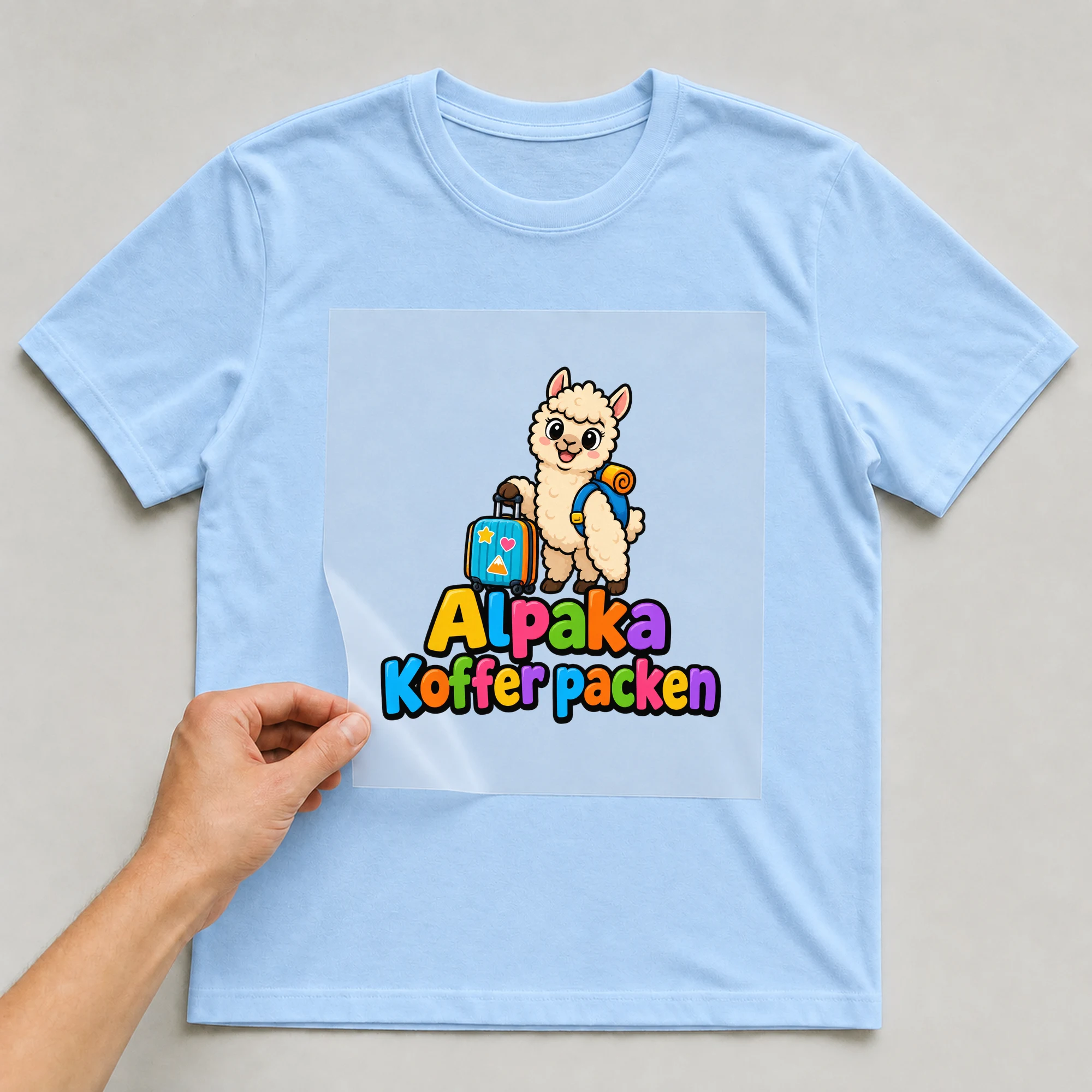 Bügelbild „Alpaka Koffer packen“ auf babyblauem T-Shirt, Folie wird aufgelegt
