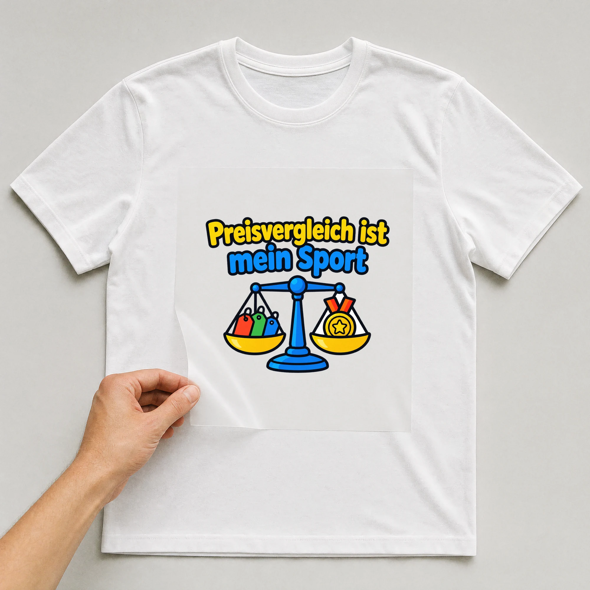 Bügelbild „Preisvergleich ist mein Sport“ auf weißem T-Shirt, Folie wird aufgelegt