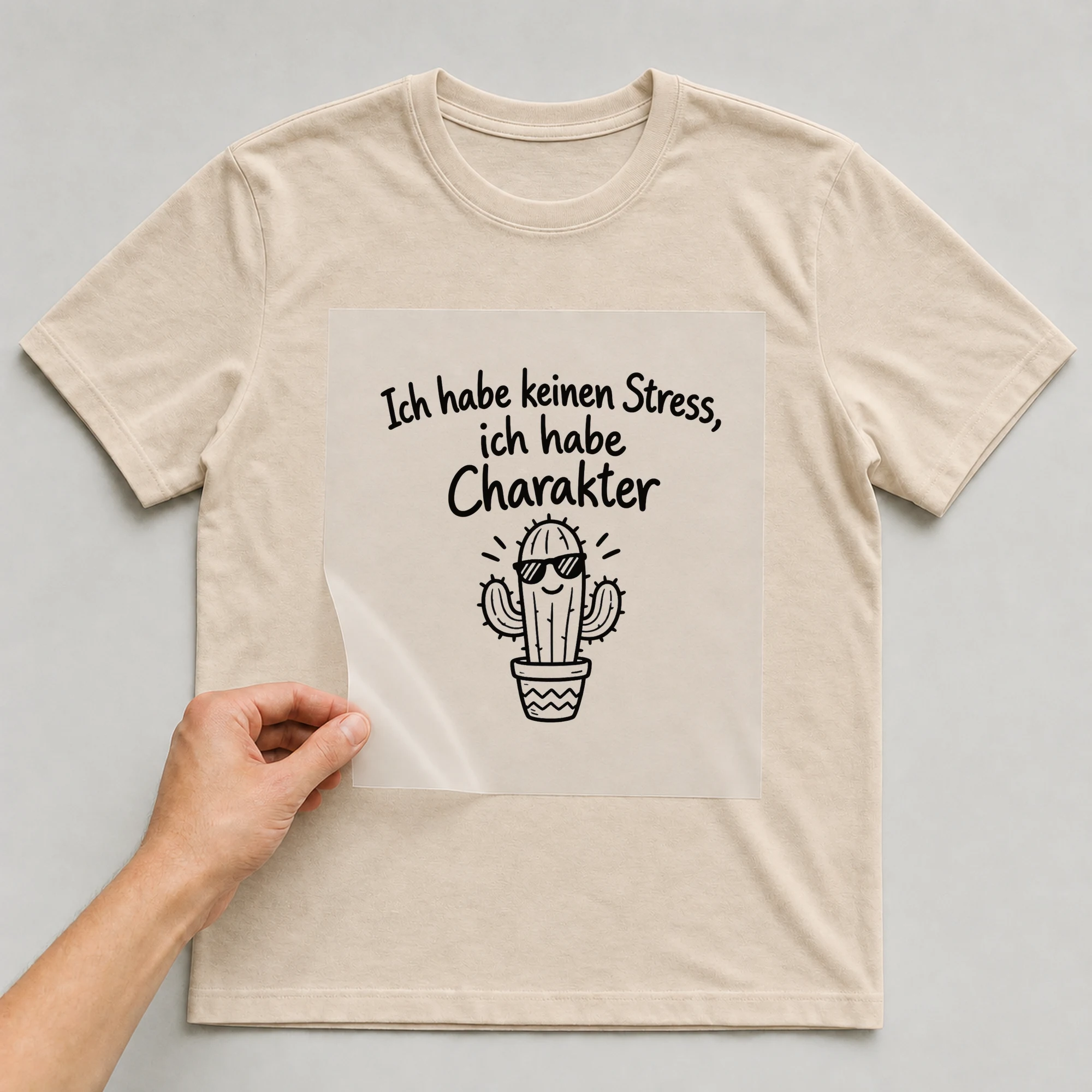 Bügelbild „Ich habe keinen Stress, ich habe Charakter“ auf beigem T-Shirt, Folie wird aufgelegt