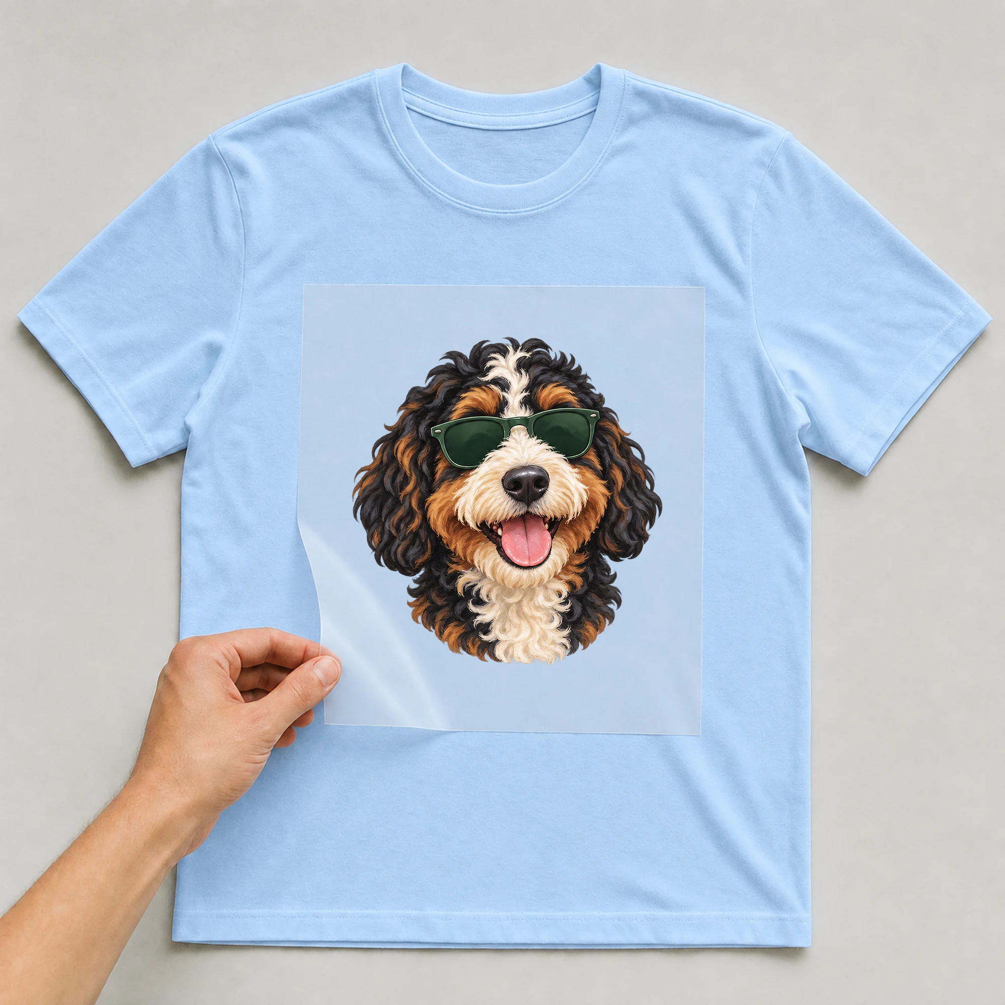 Bügelbild „Bernedoodle“ auf babyblauem T-Shirt, Folie wird aufgelegt