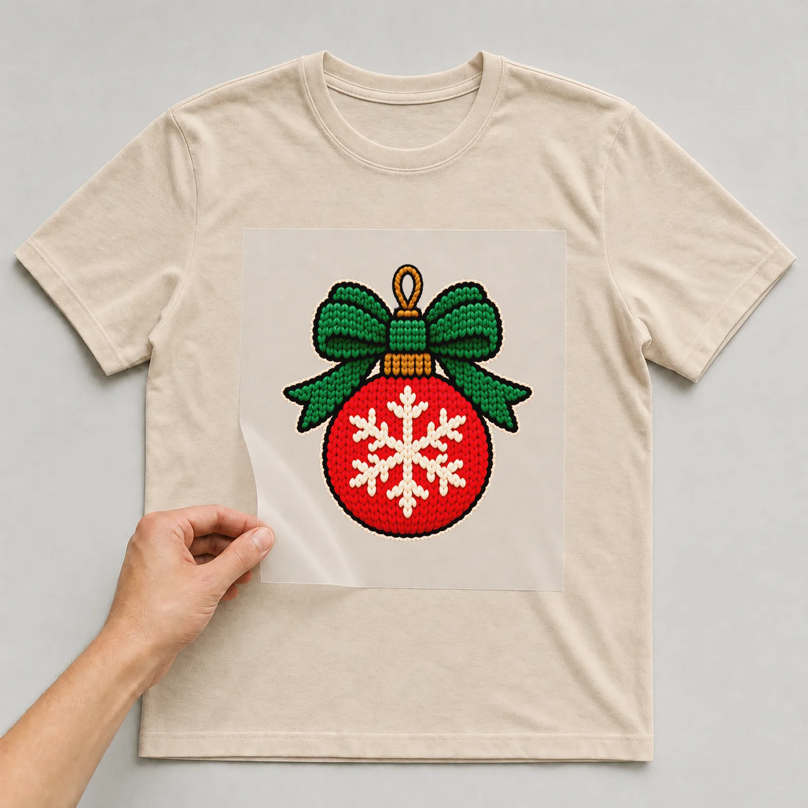 Bügelbild Weihnachtskugel mit Schleife auf beigem T-Shirt, Folie wird aufgelegt