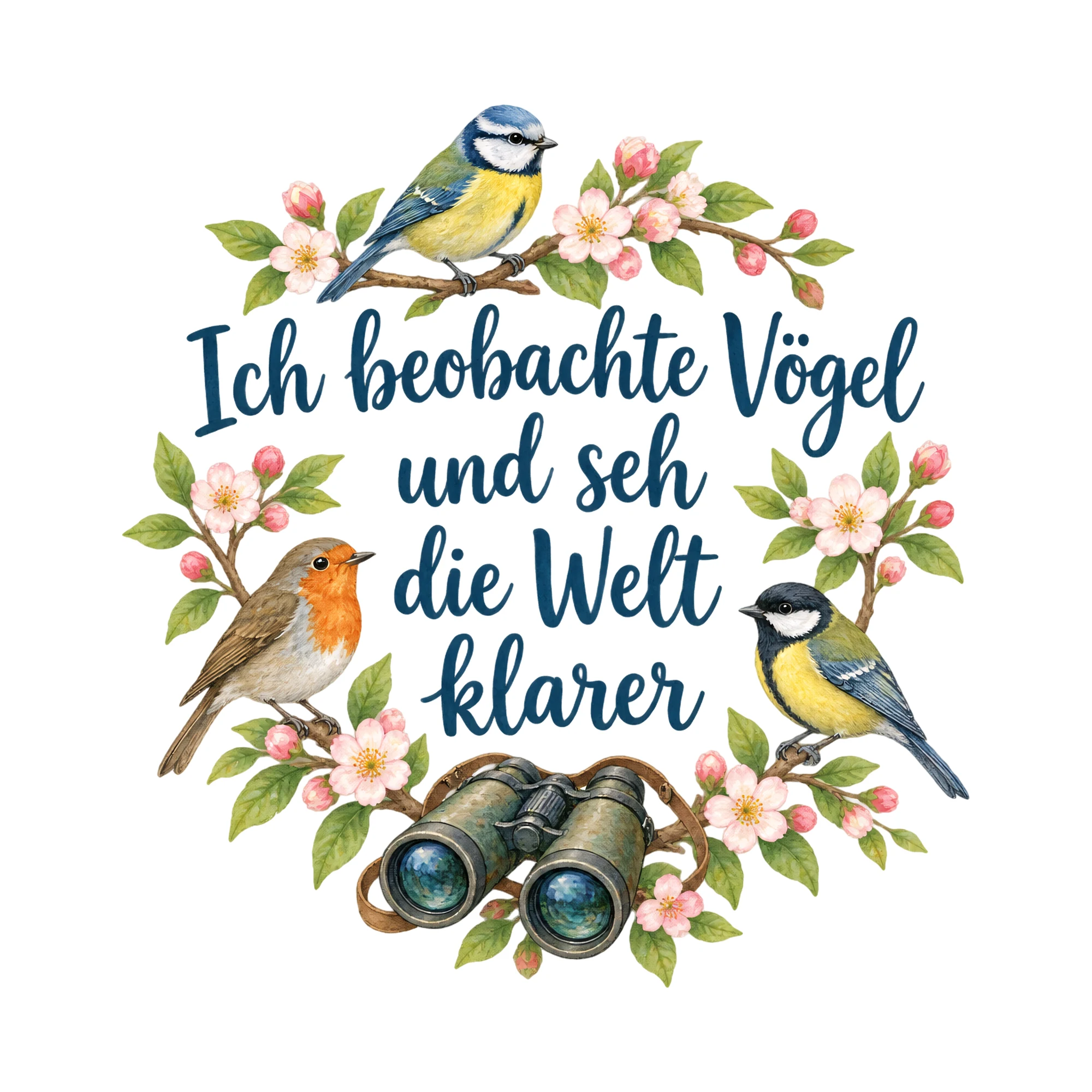 Bügelbild Ich beobachte Vögel und seh die Welt klarer als Grafik auf weißem Hintergrund (BB019386)
