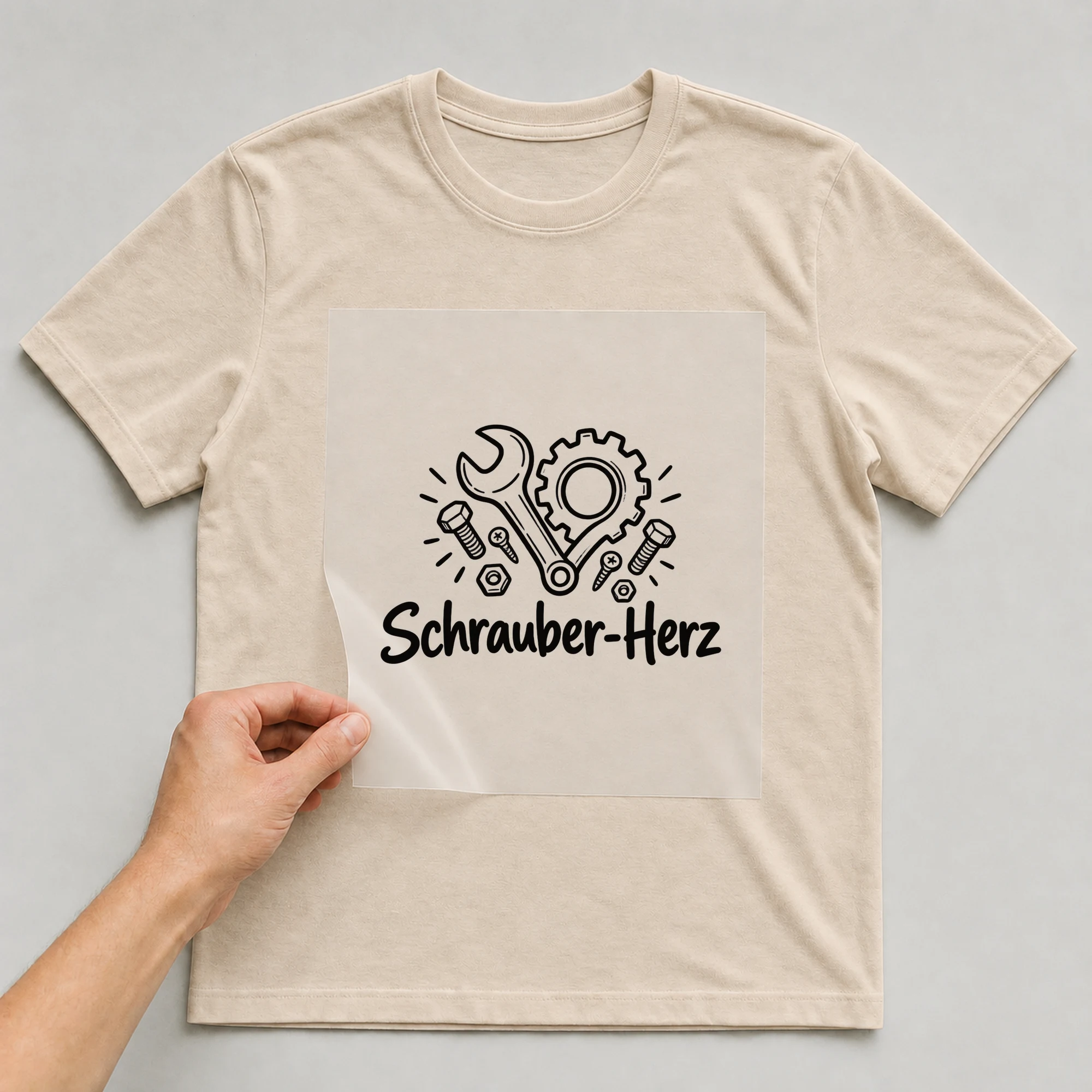 Bügelbild „Schrauber-Herz“ auf beigem T-Shirt, Folie wird aufgelegt