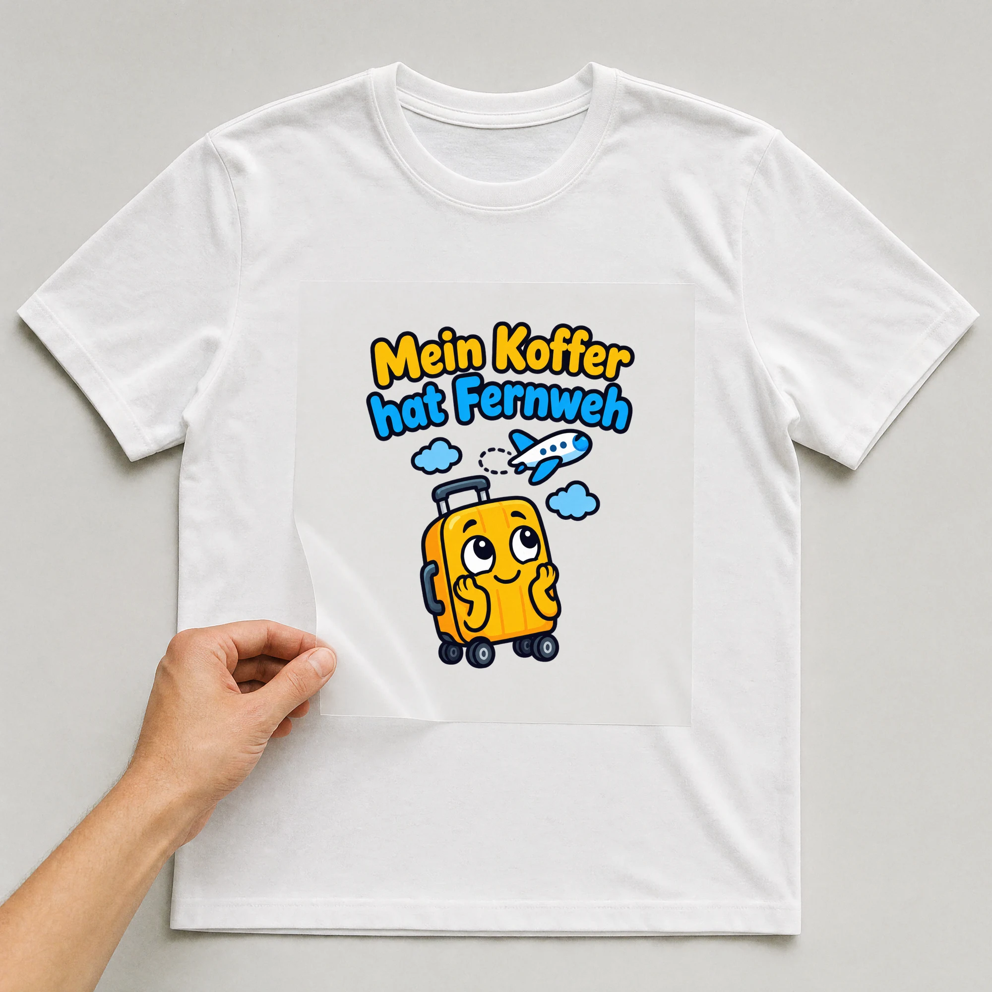 Bügelbild „Mein Koffer hat Fernweh“ auf weißem T-Shirt, Folie wird aufgelegt