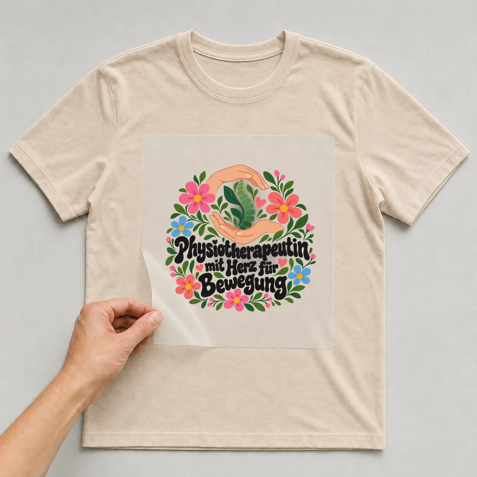 Bügelbild „Physiotherapeutin mit Herz für Bewegung“ auf beigem T-Shirt, Folie wird aufgelegt
