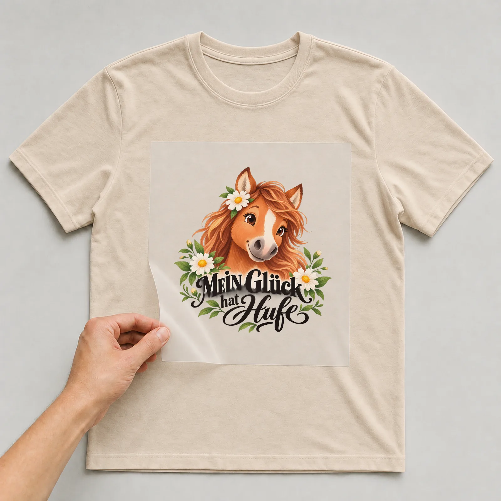 Bügelbild „Mein Glück hat Hufe“ auf beigem T-Shirt, Folie wird aufgelegt