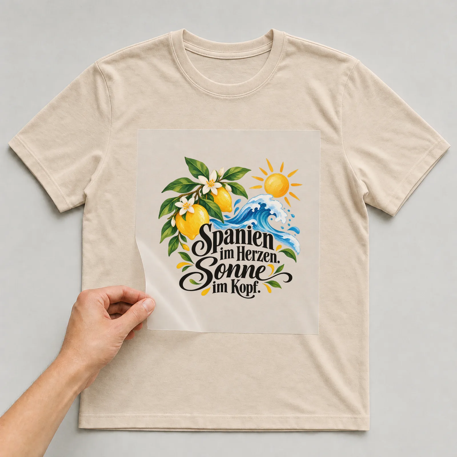 Bügelbild „Spanien im Herzen. Sonne im Kopf.“ auf beigem T-Shirt, Folie wird aufgelegt
