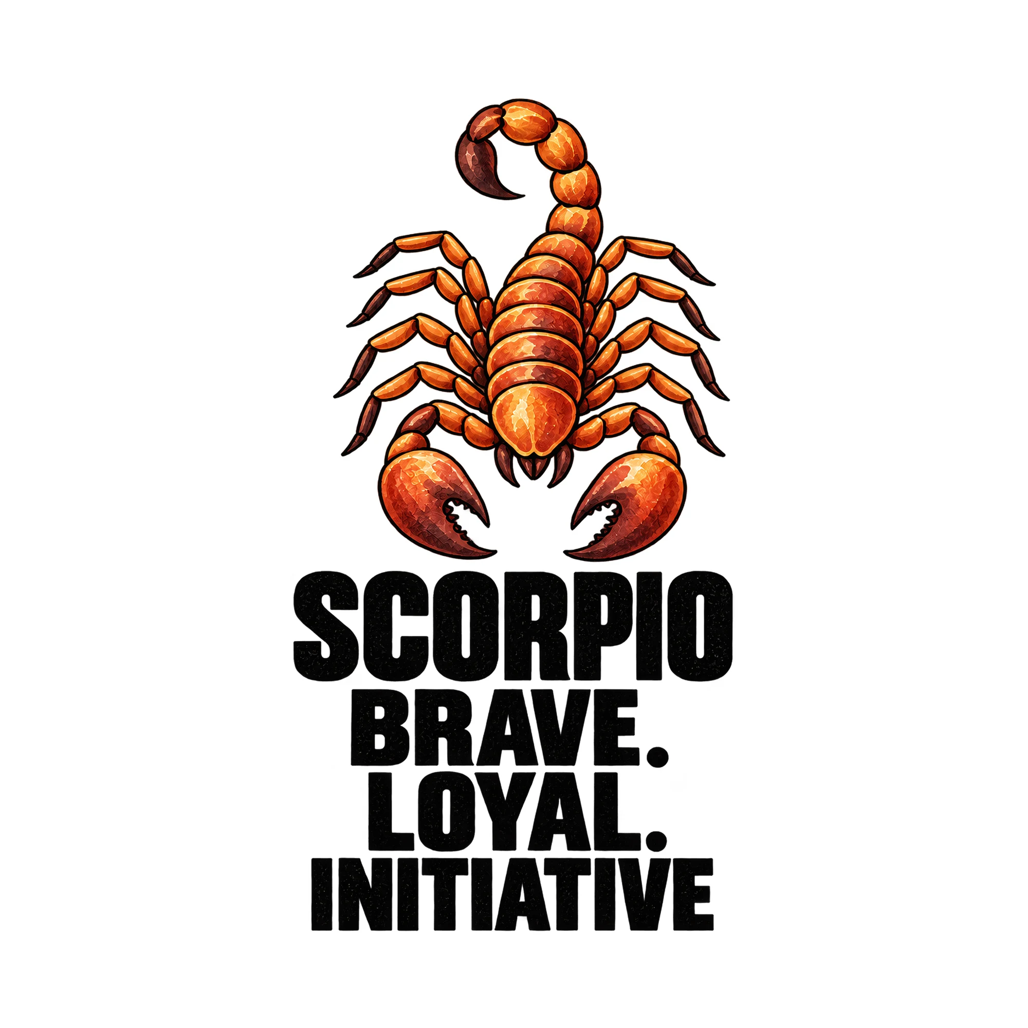 Bügelbild Scorpio Brave. Loyal. Initiative, Lustiger Shirt Spruch als Grafik auf weißem Hintergrund (BB016001)