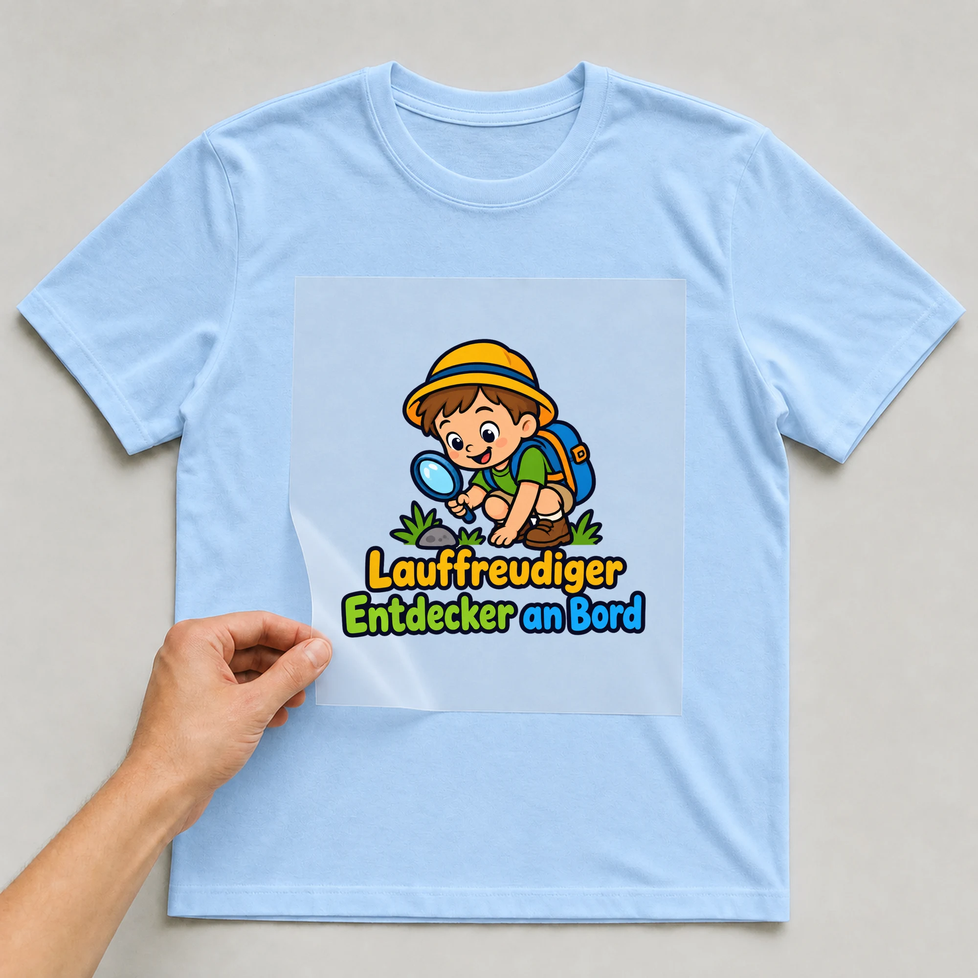 Bügelbild „Lauffreudiger Entdecker an Bord“ auf babyblauem T-Shirt, Folie wird aufgelegt