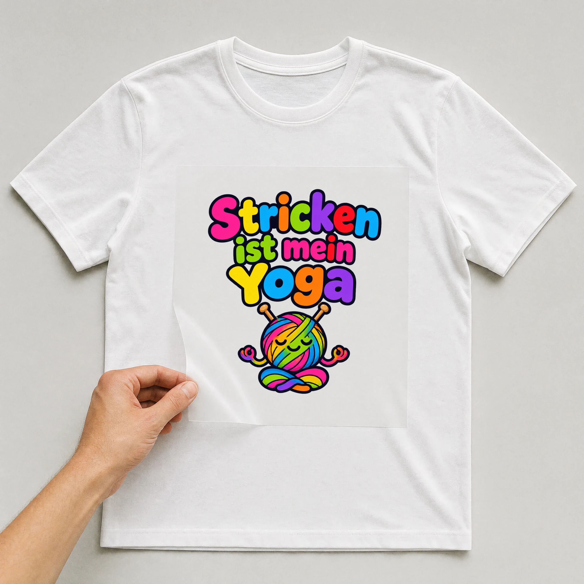 Bügelbild „Stricken ist mein Yoga“ auf weißem T-Shirt, Folie wird aufgelegt