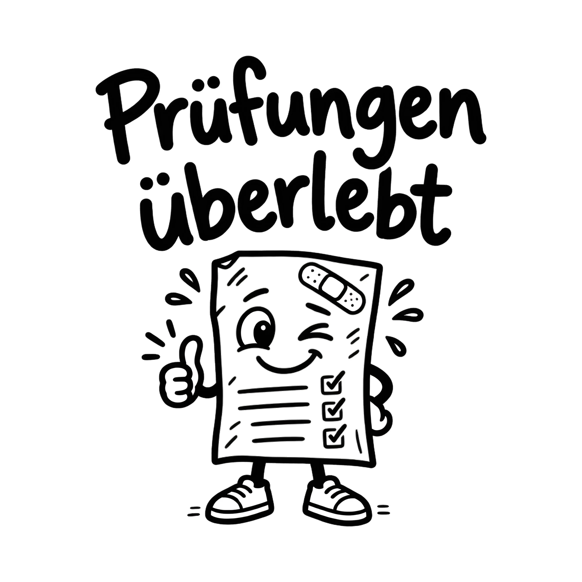 Bügelbild Prüfungen überlebt, Lustiger Shirt Spruch als Grafik auf weißem Hintergrund (BB020154)
