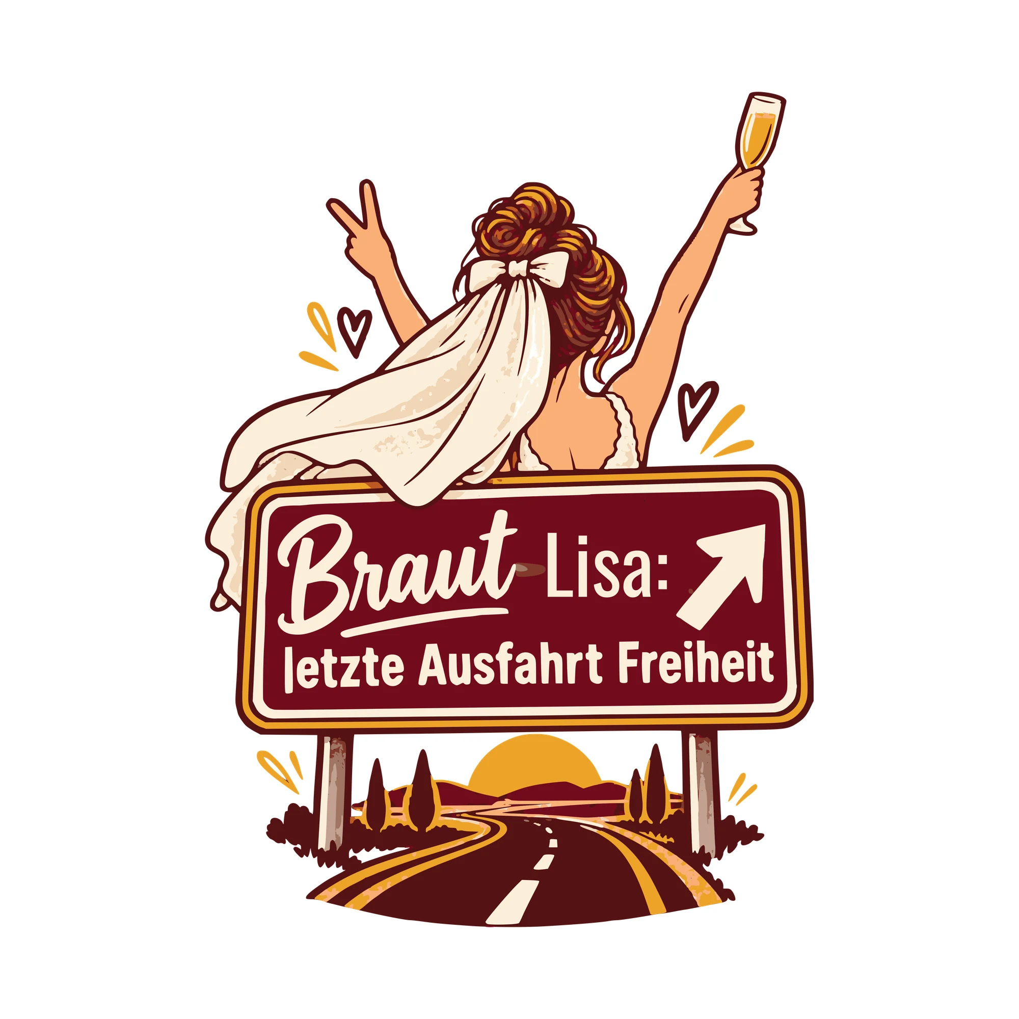 Bügelbild Braut: letzte Ausfahrt Freiheit mit Name als Grafik auf weißem Hintergrund (BB011293)