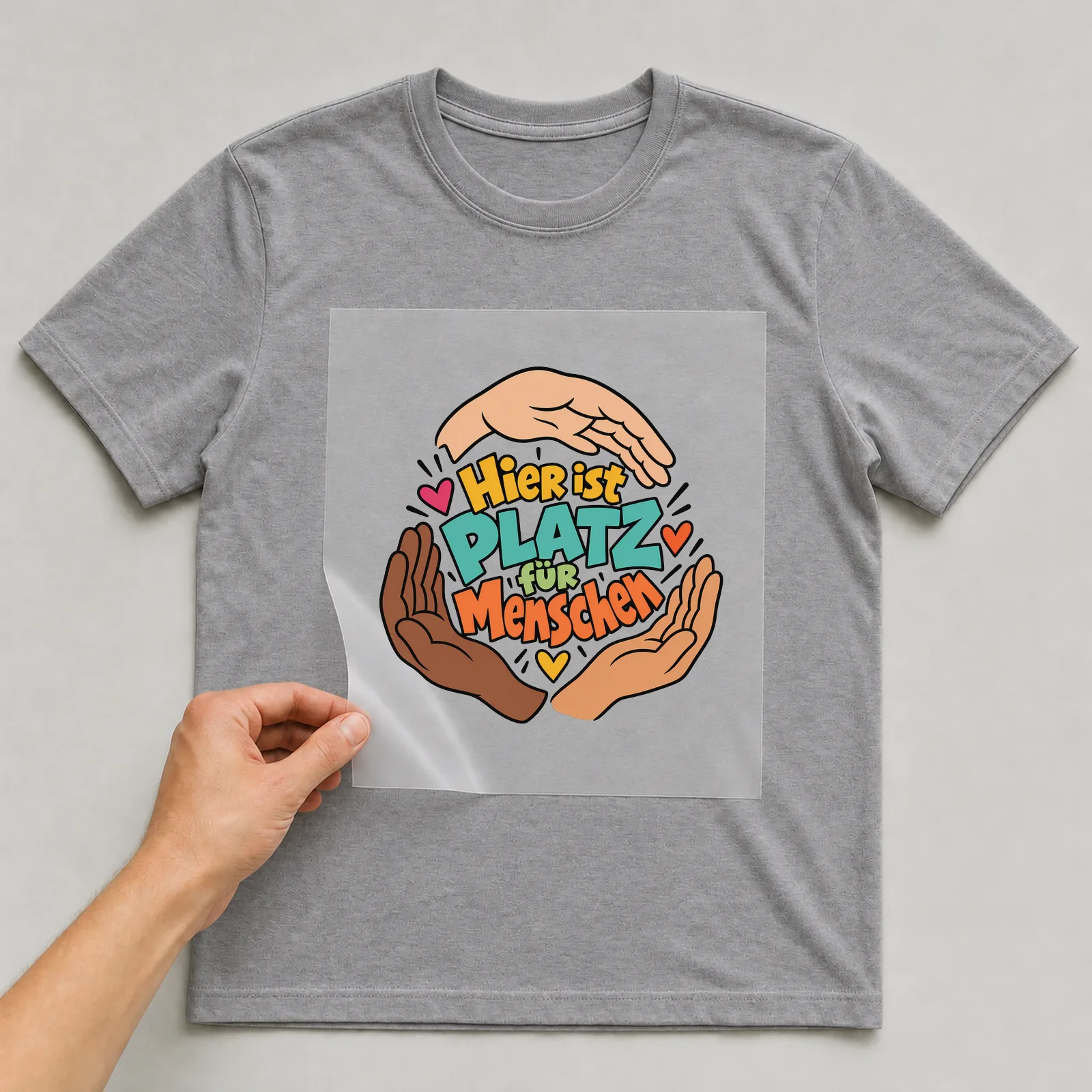 Bügelbild „Hier ist Platz für Menschen“ auf grauem T-Shirt, Folie wird aufgelegt