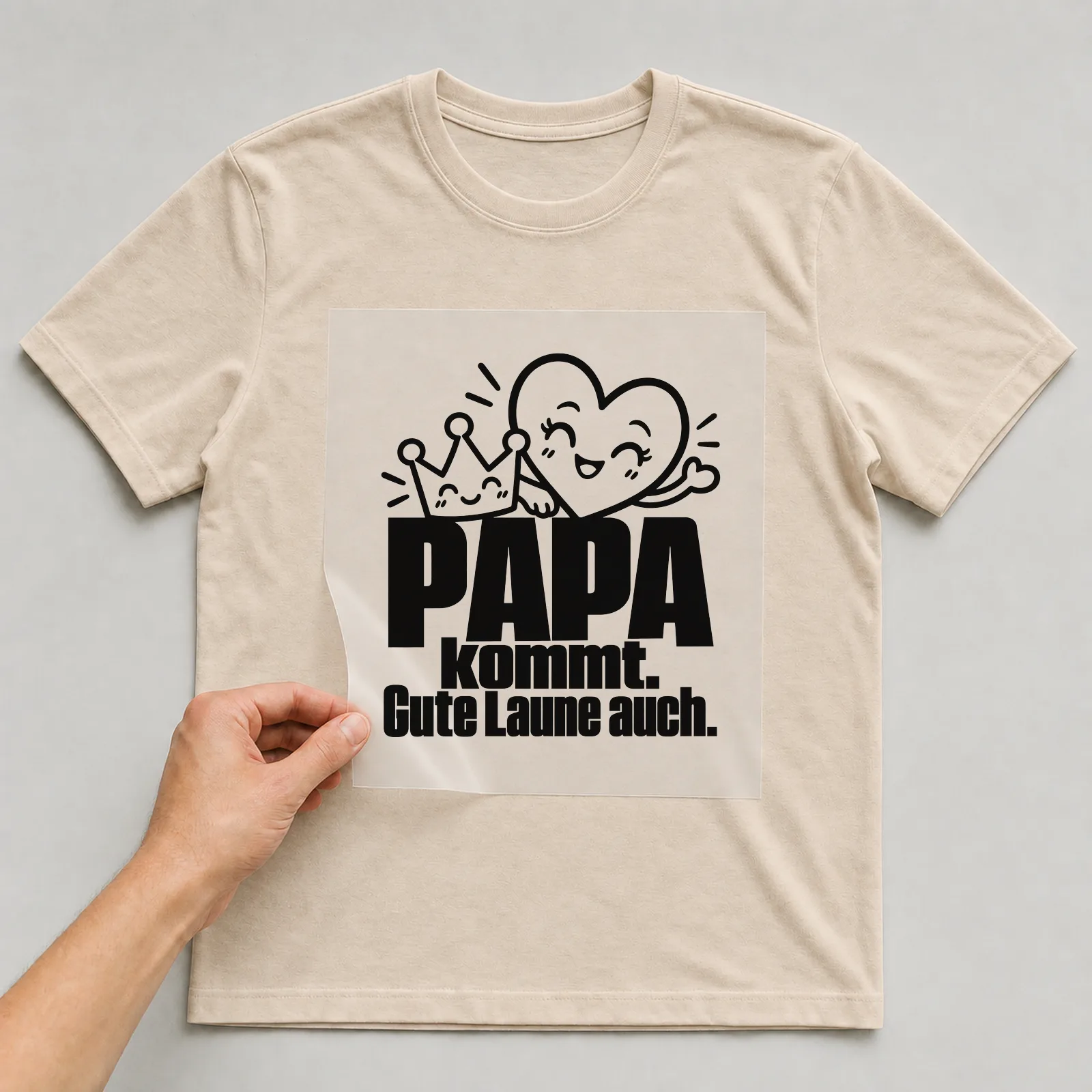 Bügelbild „Papa kommt. Gute Laune auch.“ auf beigem T-Shirt, Folie wird aufgelegt