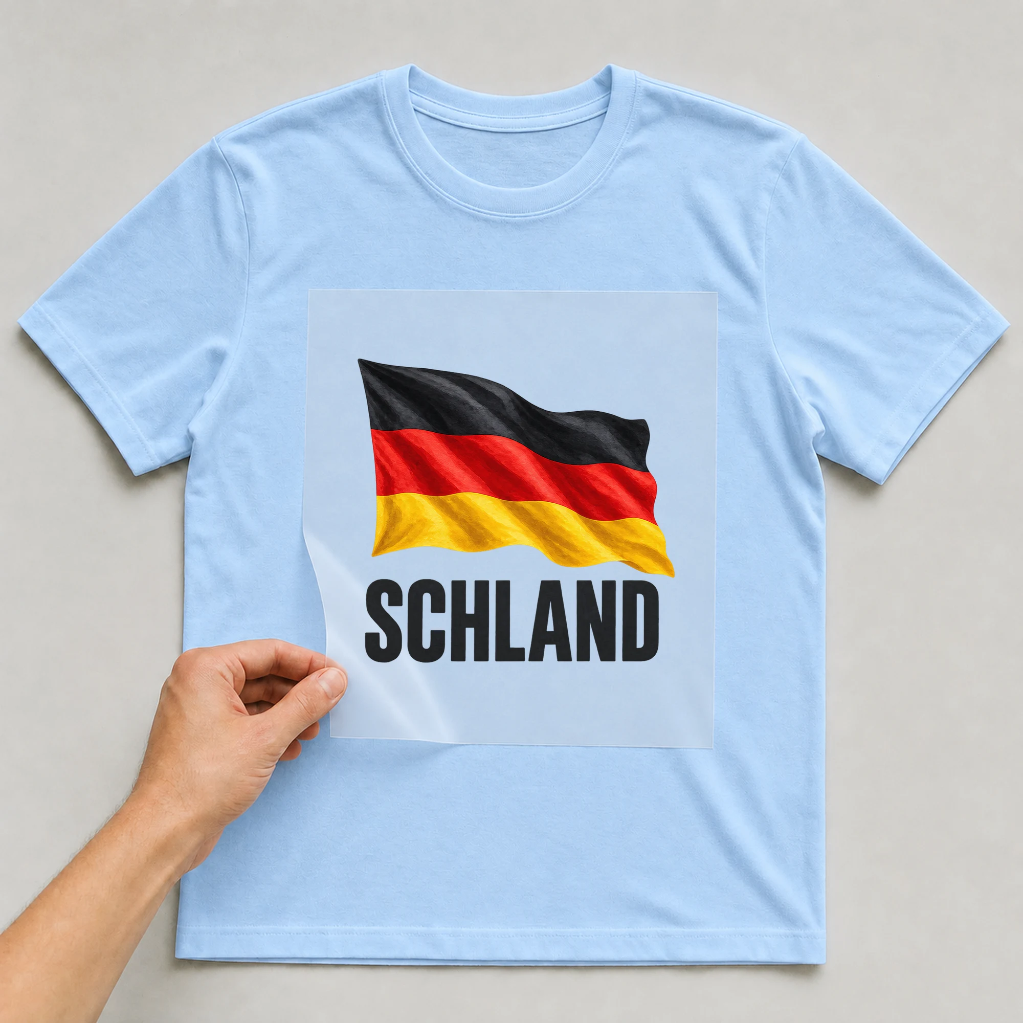 Bügelbild „Schland“ auf babyblauem T-Shirt, Folie wird aufgelegt