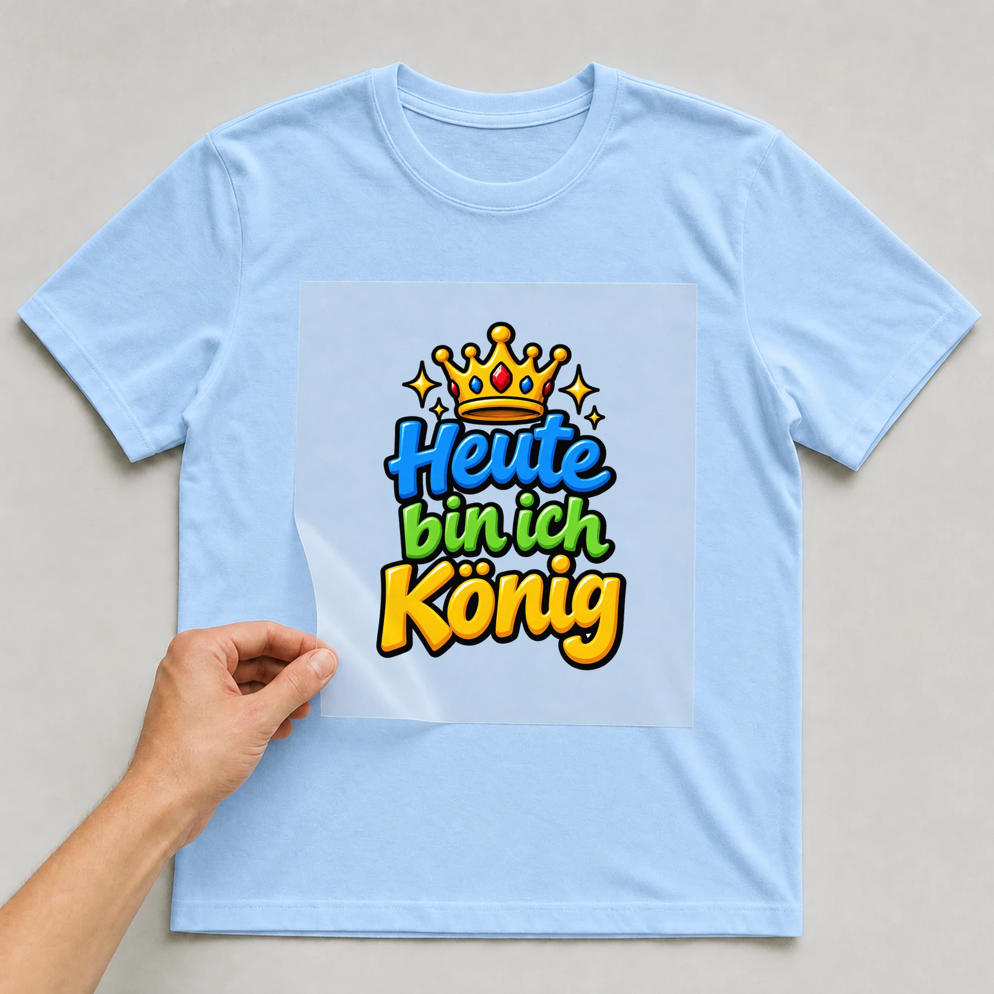 Bügelbild „Heute bin ich König“ auf babyblauem T-Shirt, Folie wird aufgelegt