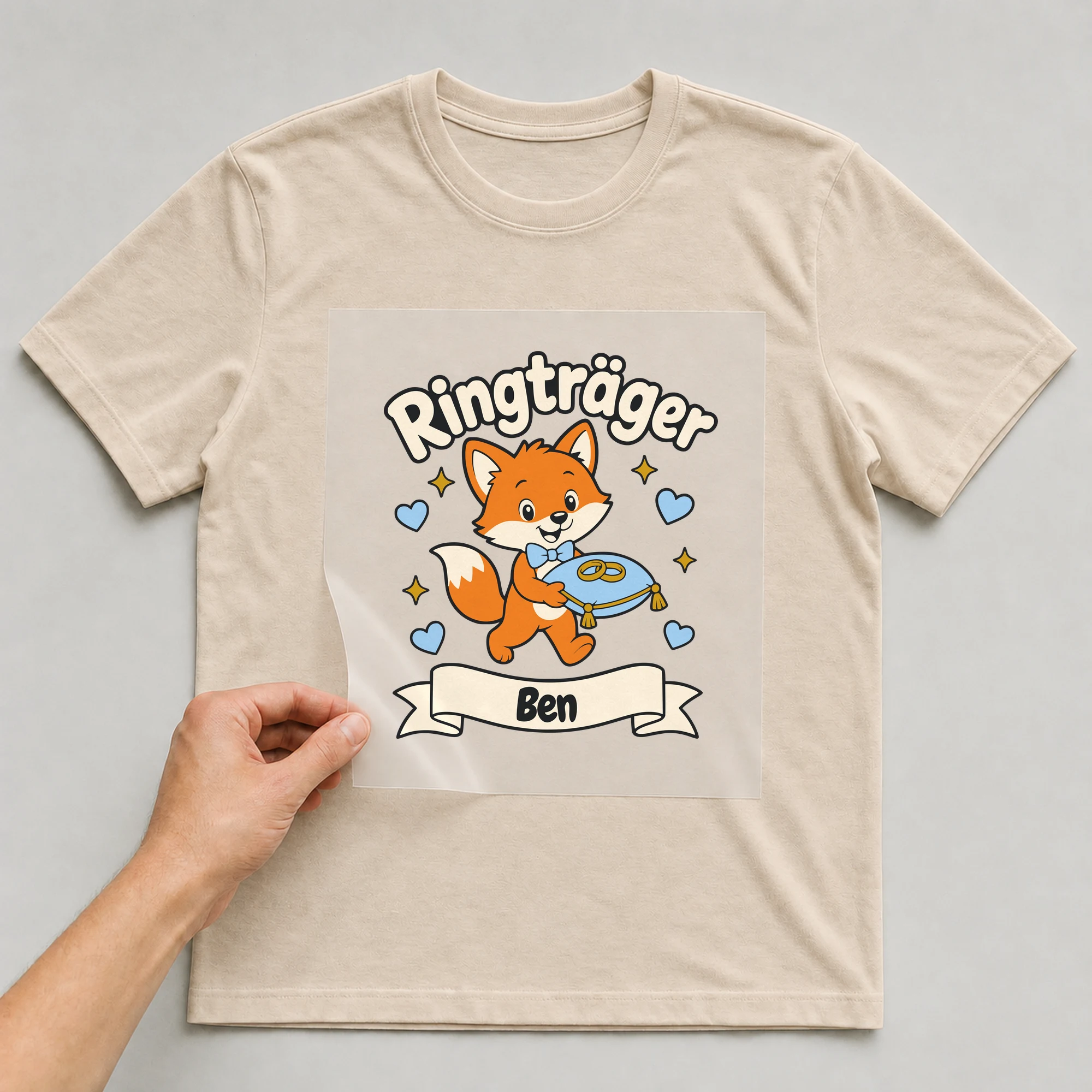 Bügelbild Ringträger mit Name auf beigem T-Shirt, Folie wird aufgelegt