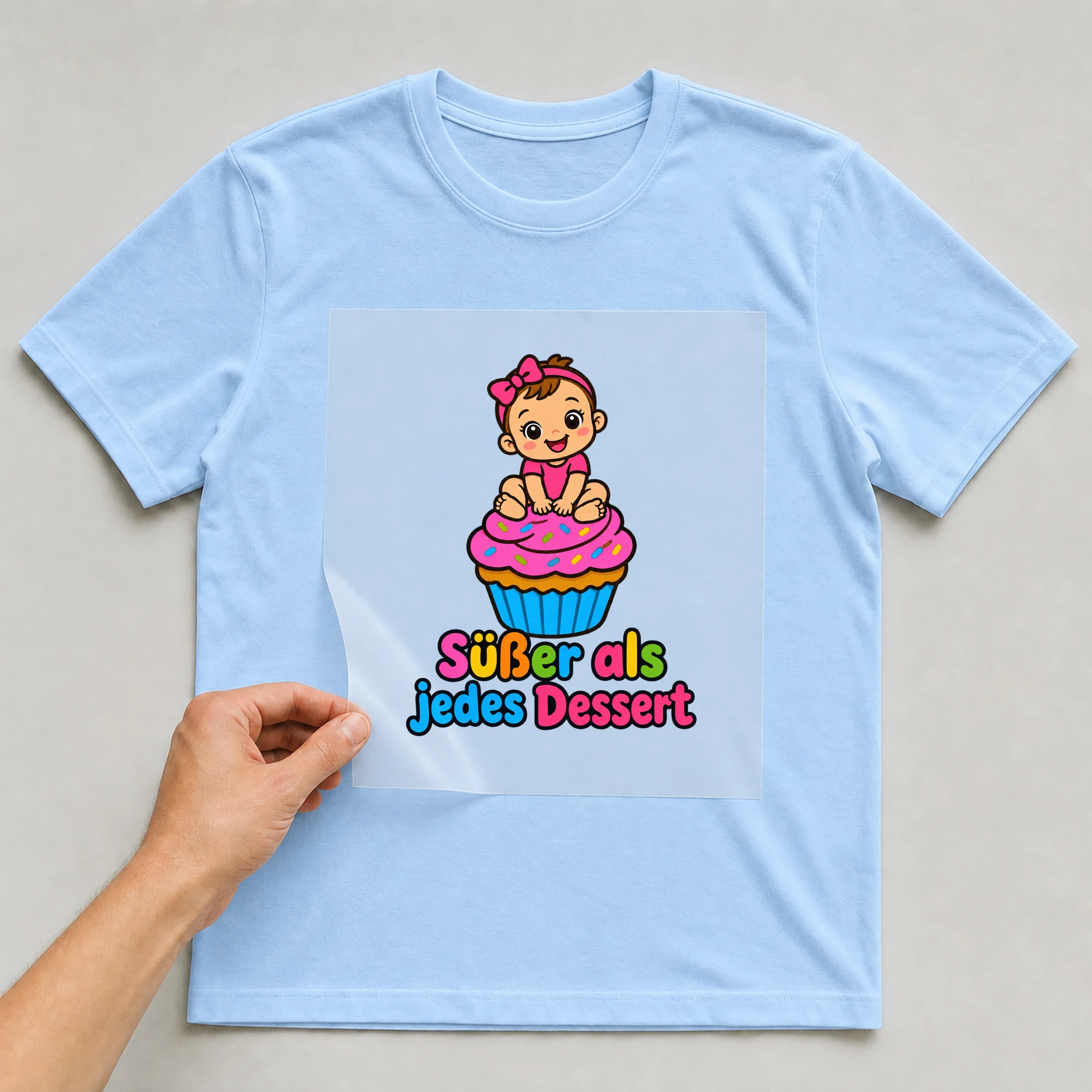 Bügelbild „Süßer als jedes Dessert“ auf babyblauem T-Shirt, Folie wird aufgelegt