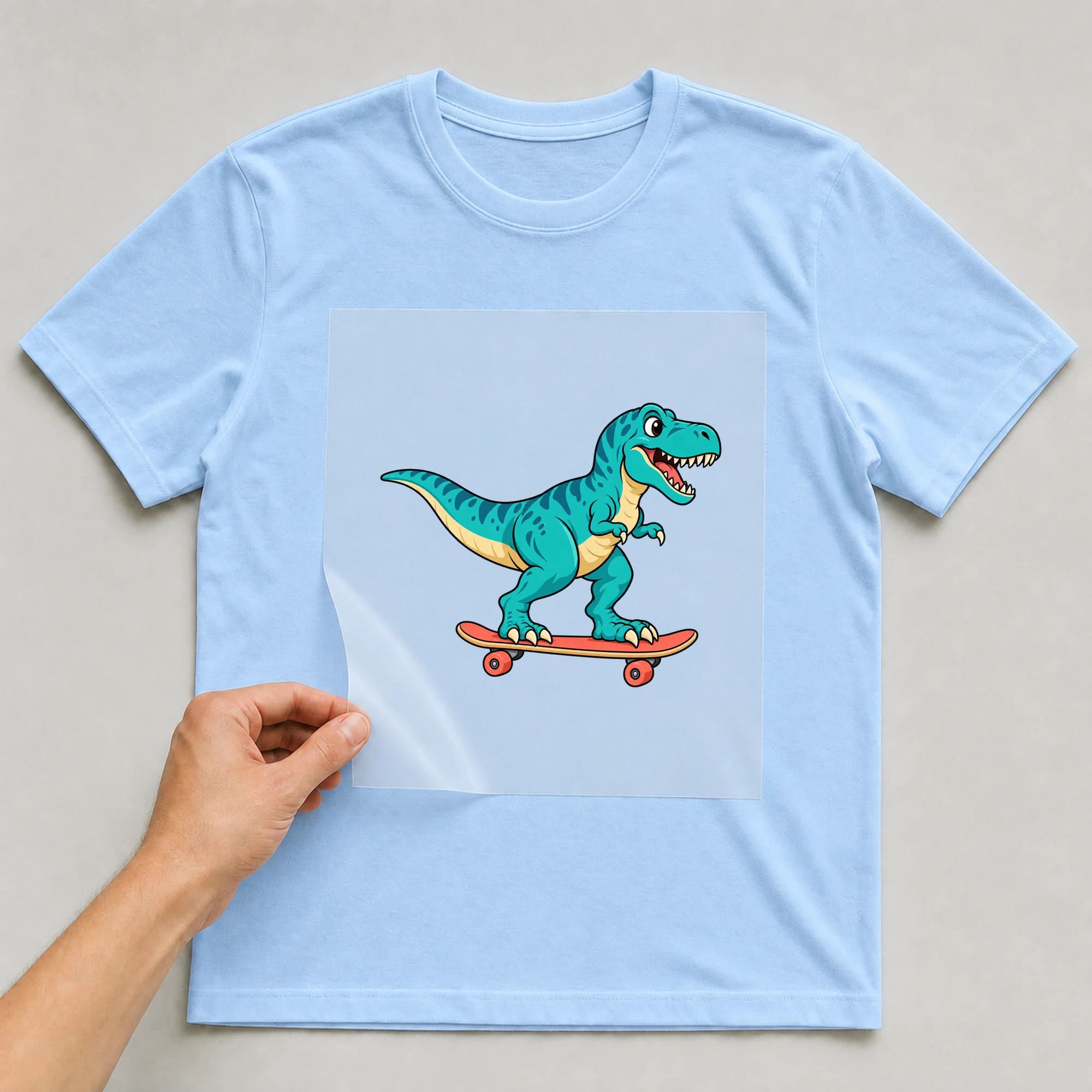 Bügelbild „Trex Skateboard“ auf babyblauem T-Shirt, Folie wird aufgelegt