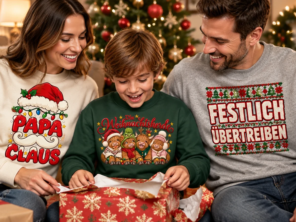 Weihnachten: Familie packt Geschenke aus, die Sweatshirts zeigen die Bügelbild-Motive Papa Claus, Die Weihnachtsherde und Festlich übertreiben