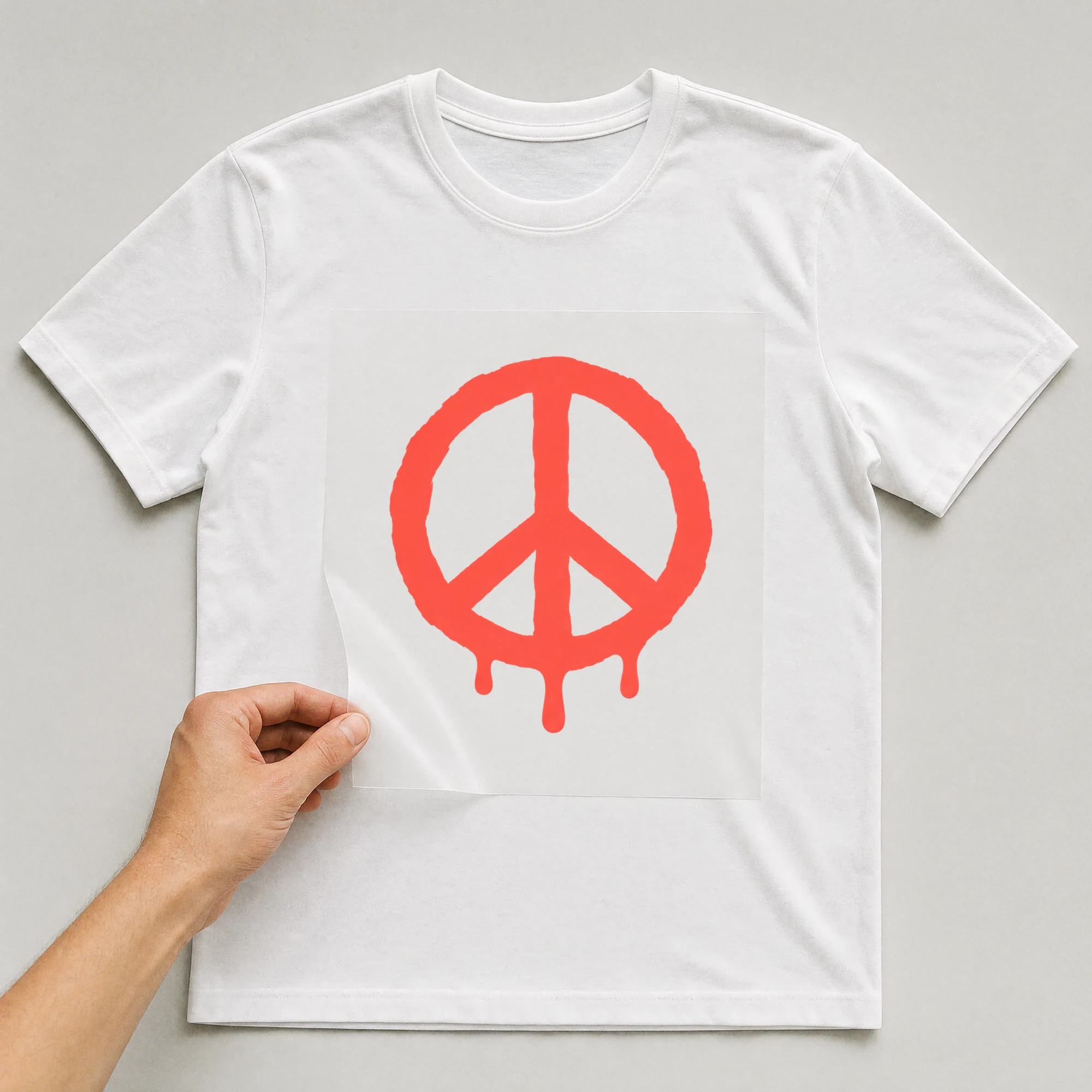 Bügelbild „Peace-Zeichen mit Farbtropfen“ auf weißem T-Shirt, Folie wird aufgelegt