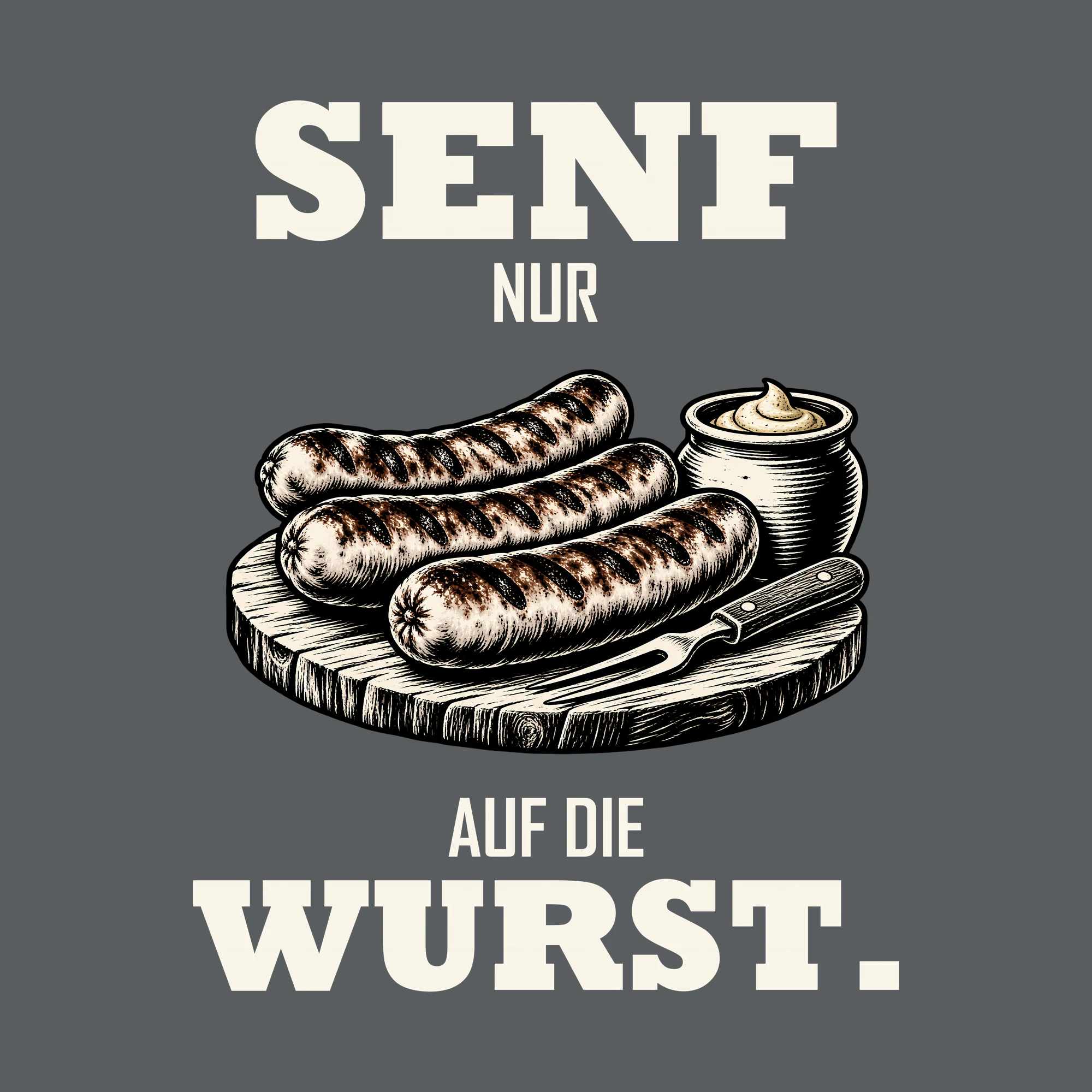 Bügelbild SENF NUR AUF DIE WURST. als Grafik auf dunklem Hintergrund (BB012043)