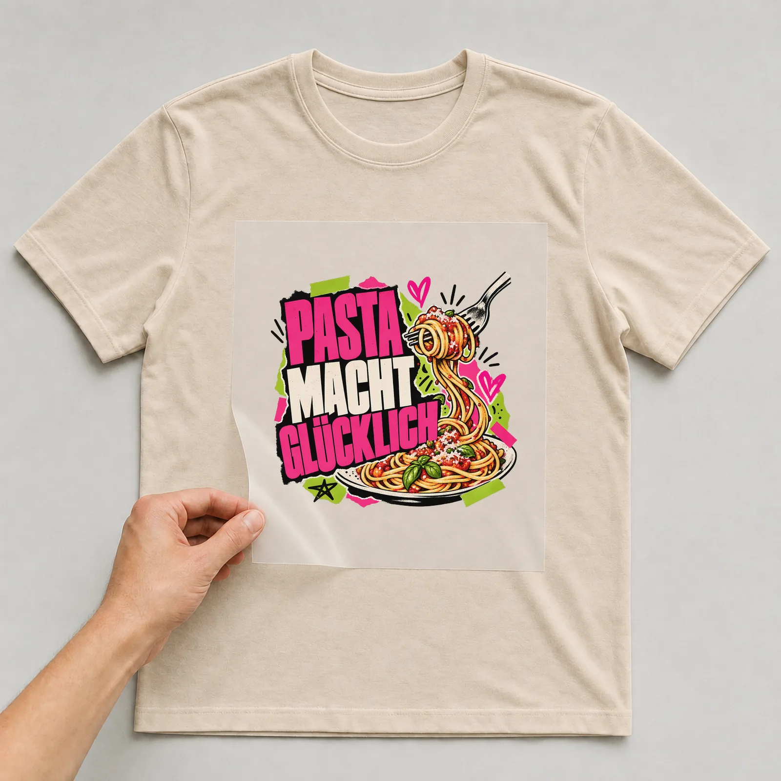 Bügelbild „Pasta macht glücklich“ auf beigem T-Shirt, Folie wird aufgelegt