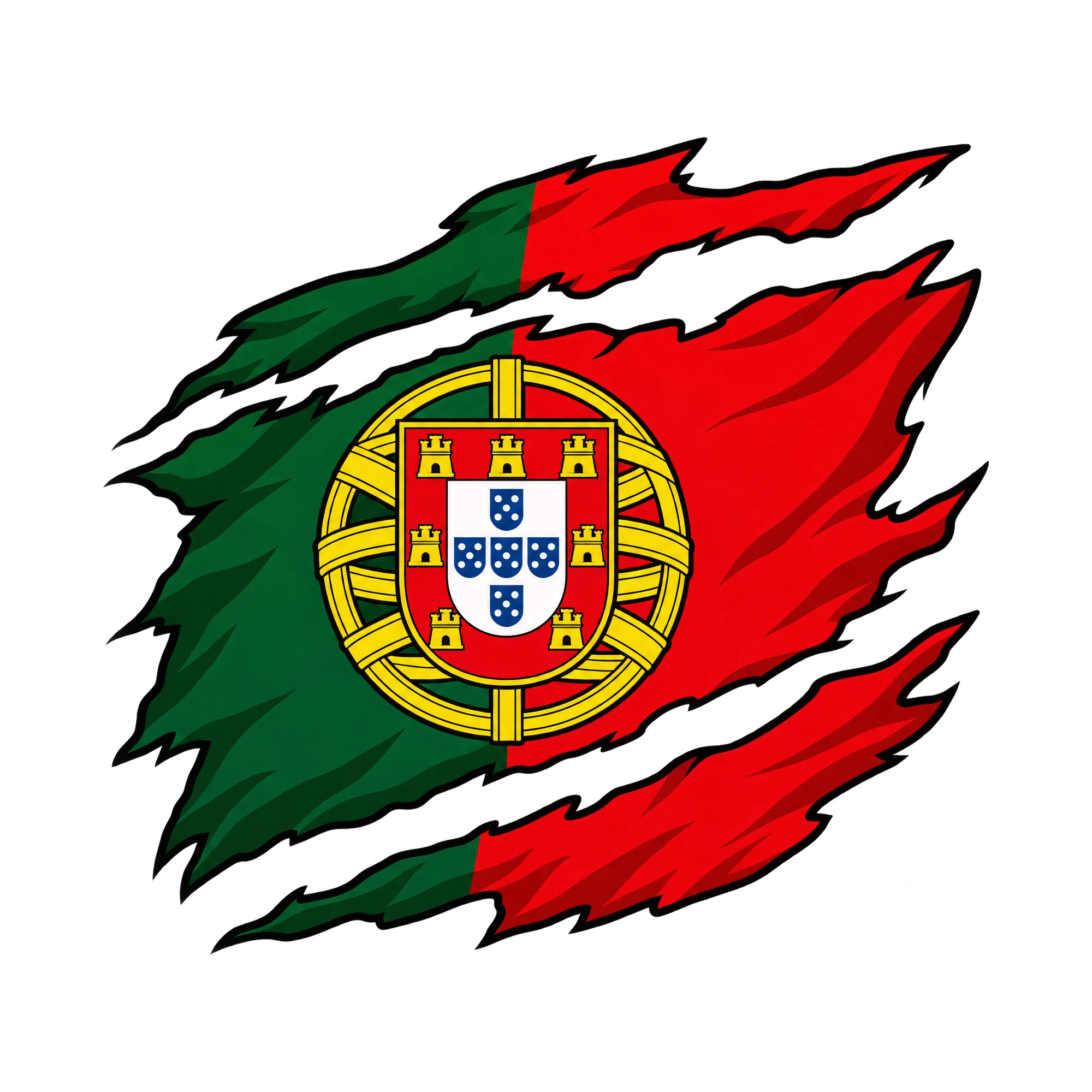 Bügelbild „Zerrissene Fahne Portugal“, Lustiger Shirt Motiv als Grafik auf weißem Hintergrund (BB015377)