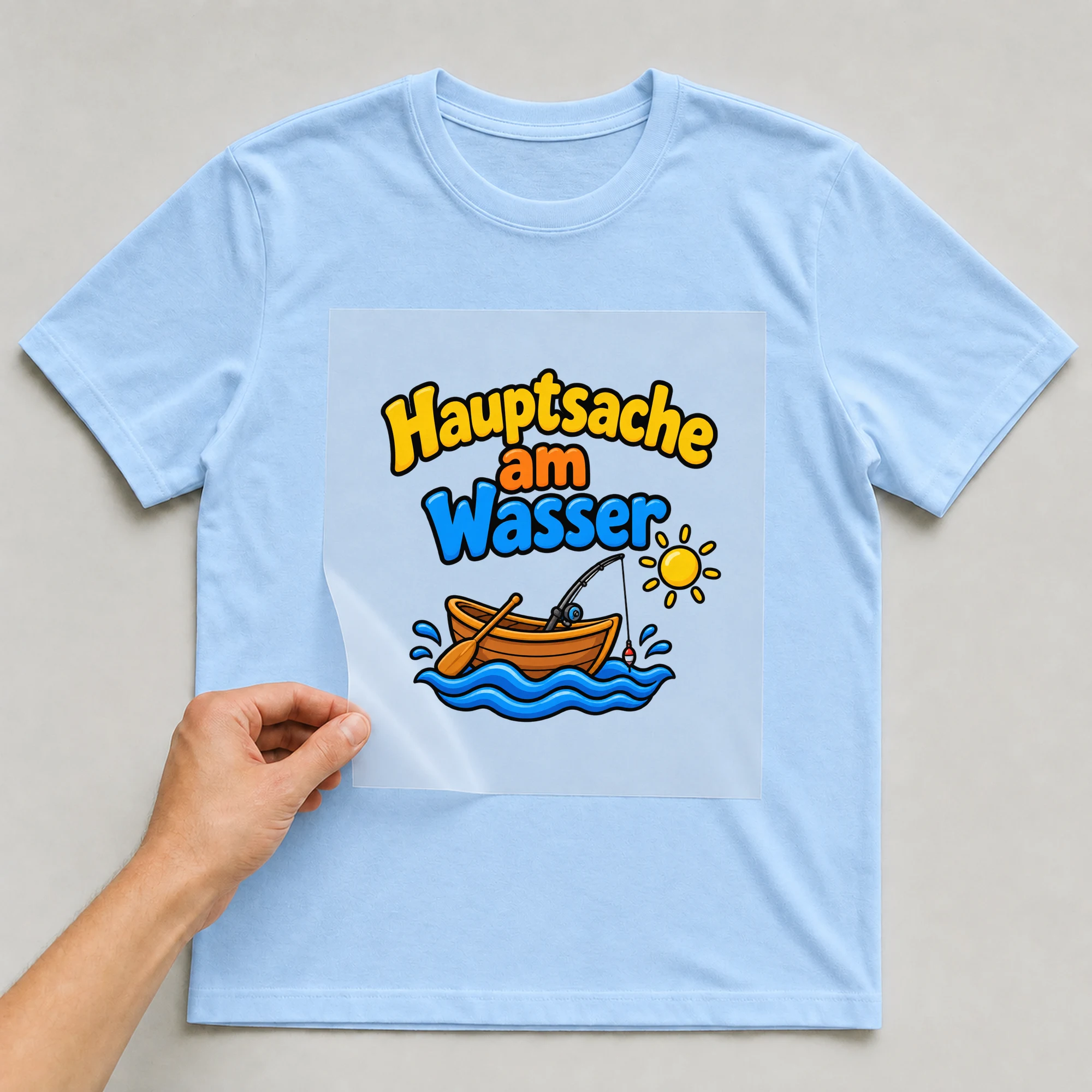 Bügelbild „Hauptsache am Wasser“ auf babyblauem T-Shirt, Folie wird aufgelegt