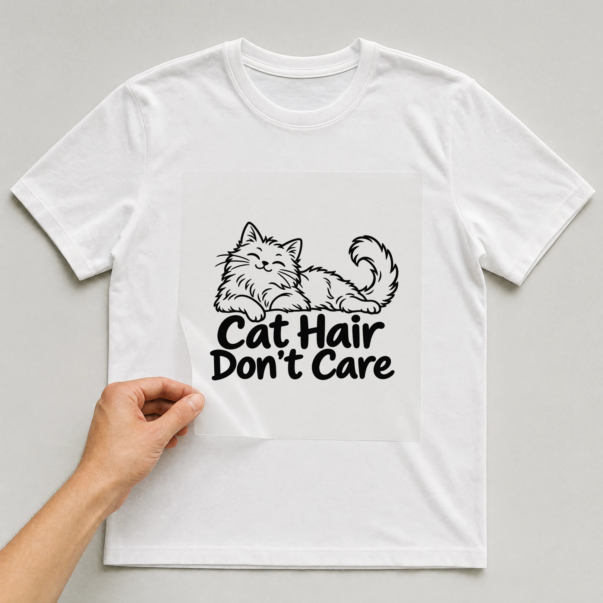 Bügelbild „Cat Hair Don't Care“ auf weißem T-Shirt, Folie wird aufgelegt