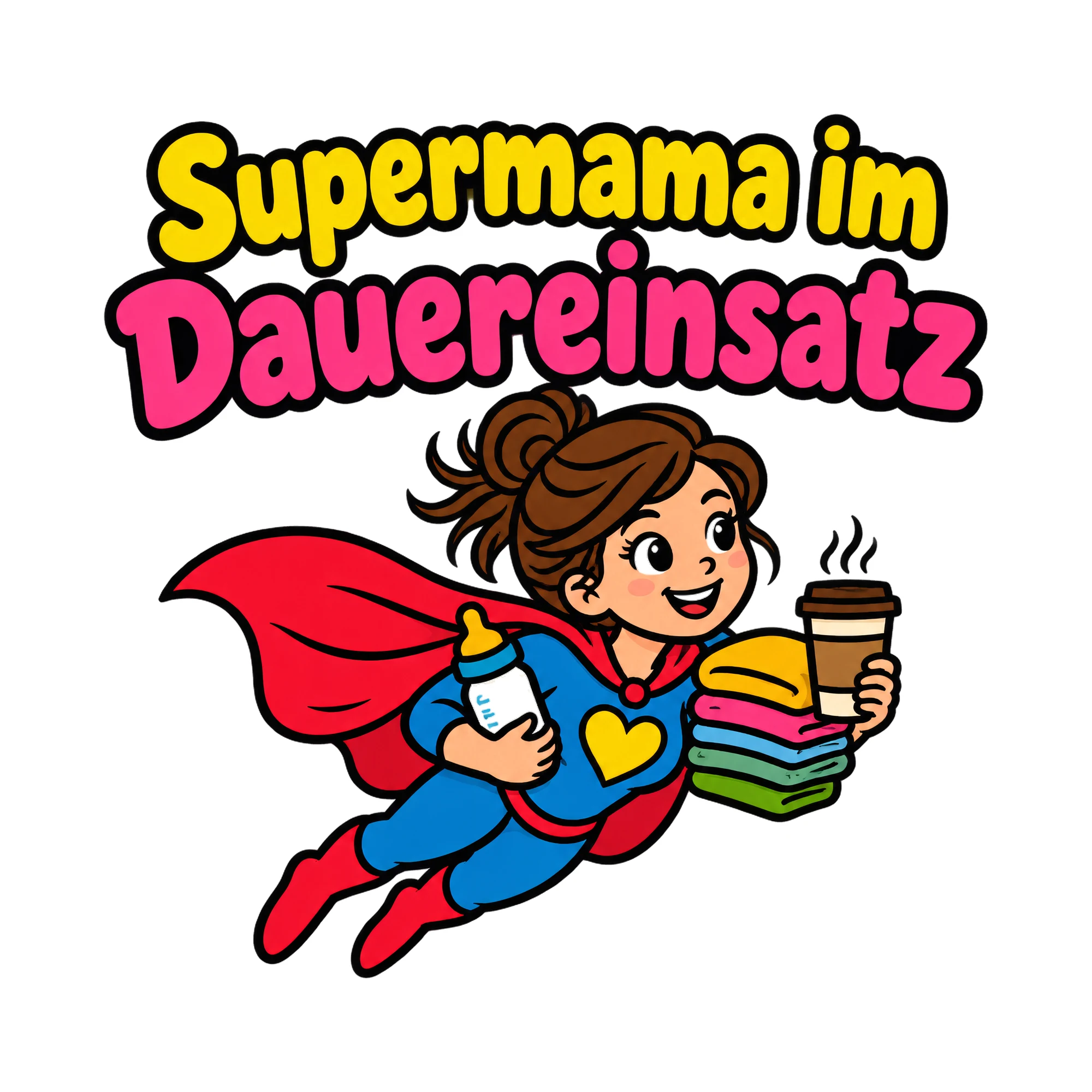 Bügelbild Supermama im Dauereinsatz als Grafik auf weißem Hintergrund (BB019171)