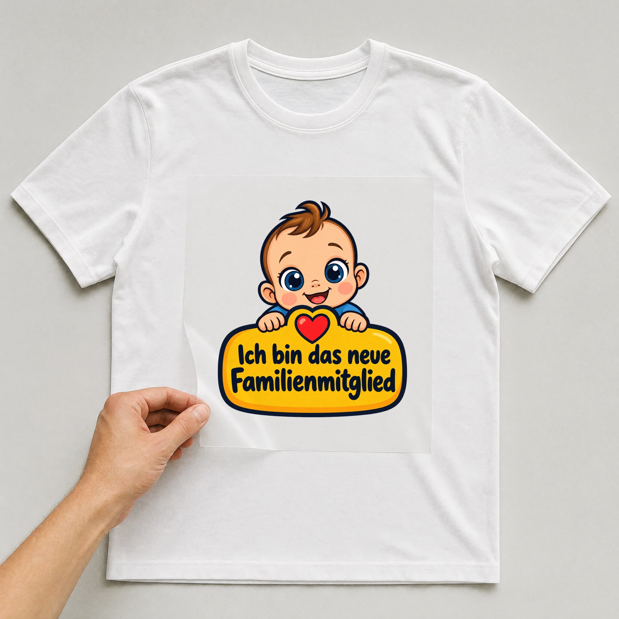 Bügelbild „Ich bin das neue Familienmitglied“ auf weißem T-Shirt, Folie wird aufgelegt